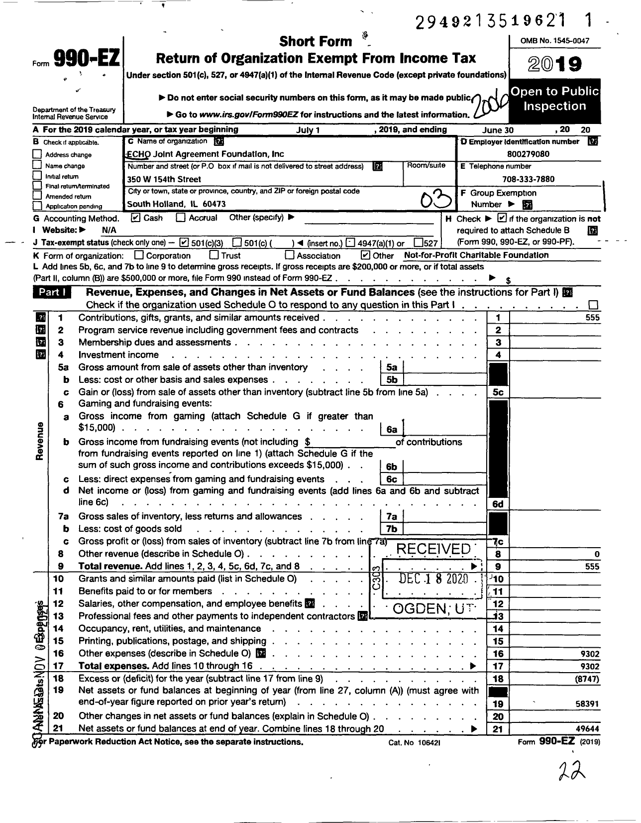 Image of first page of 2019 Form 990EZ for Echo Joint Agreement Foundation