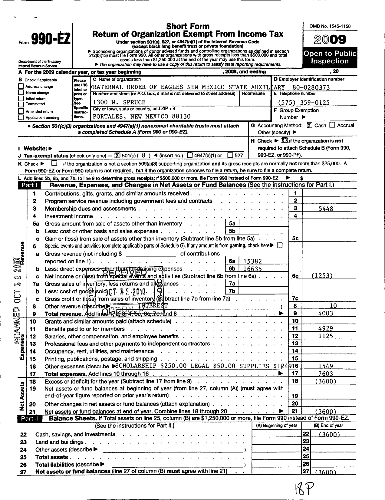 Image of first page of 2009 Form 990EO for Fraternal Order of Eagles - 11034 New Mexico State Auxiliary