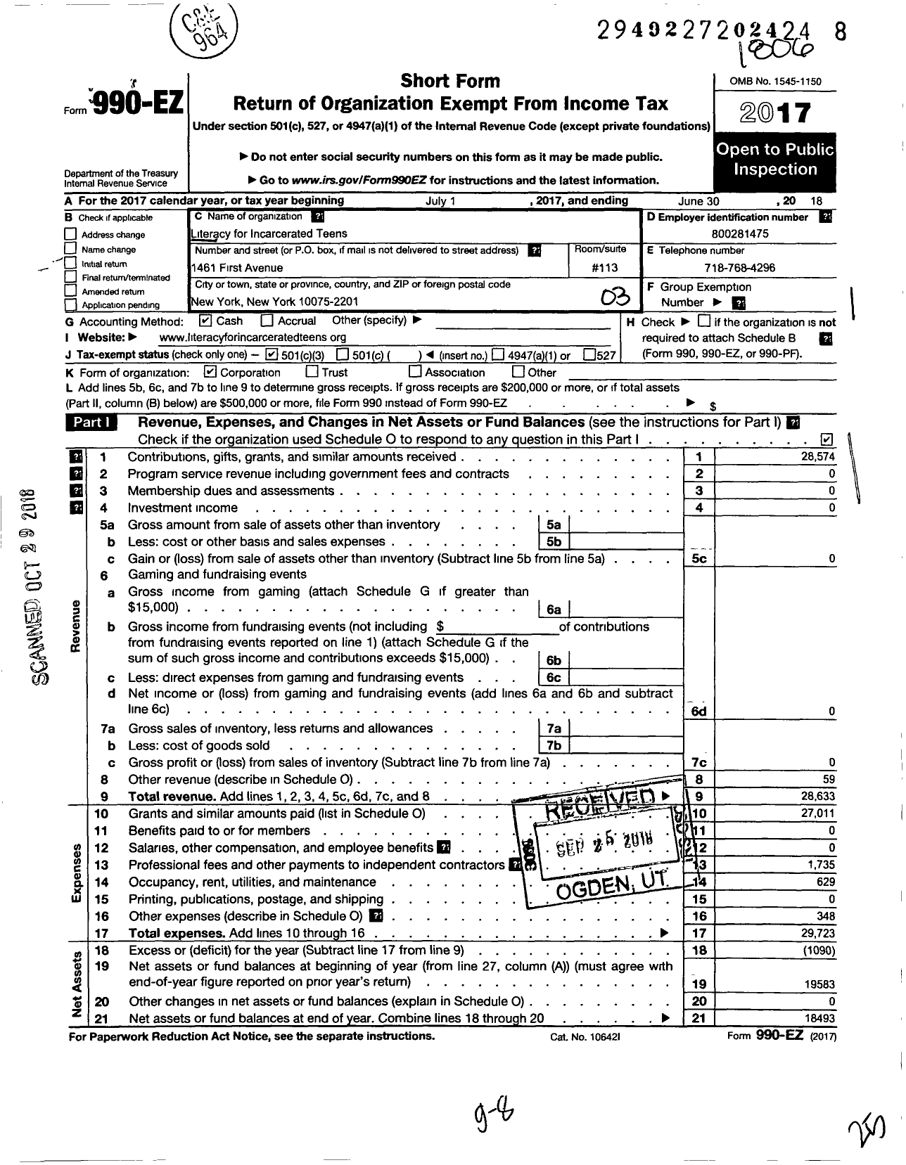 Image of first page of 2017 Form 990EZ for Literacy for Incarcerated Teens