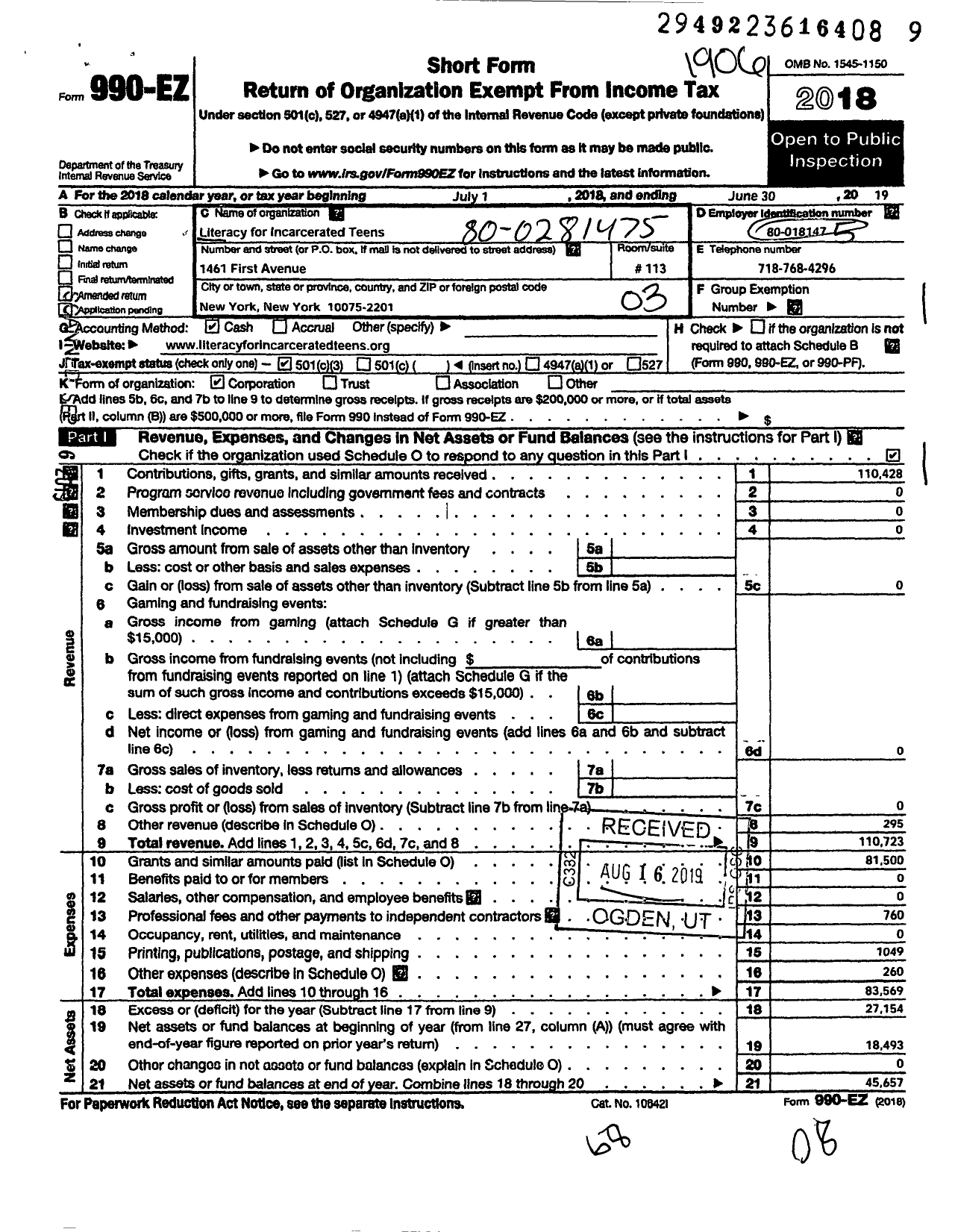 Image of first page of 2018 Form 990EZ for Literacy for Incarcerated Teens