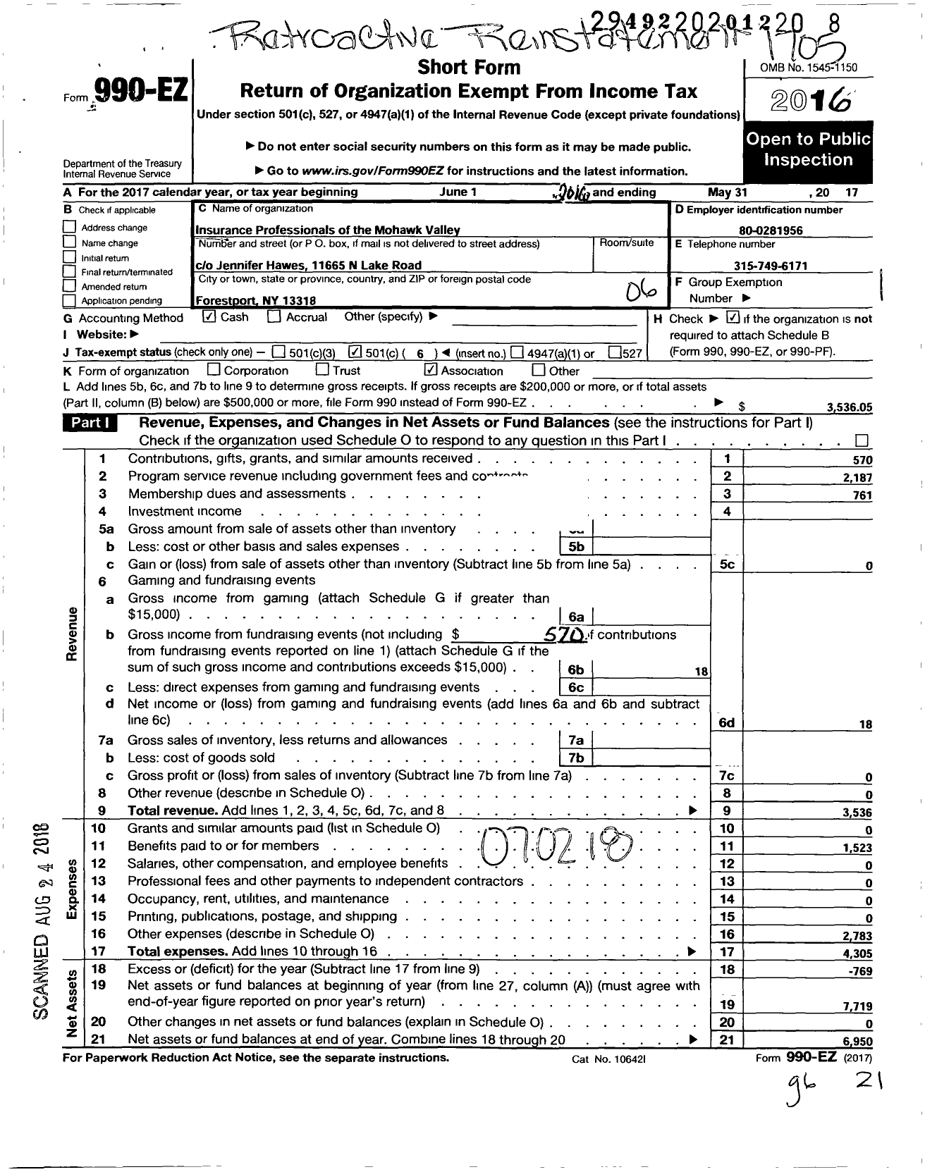 Image of first page of 2016 Form 990EO for Insurance Professionals of the Mohawk Valley