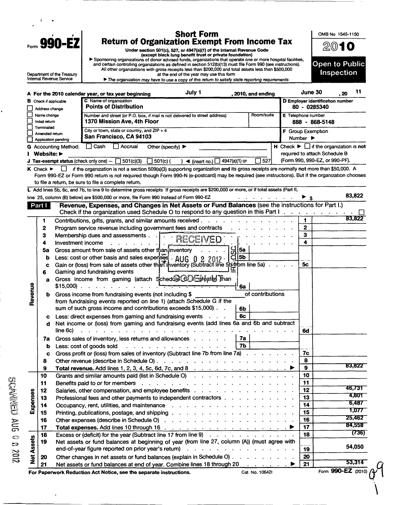 Image of first page of 2010 Form 990EO for Points of Distribution