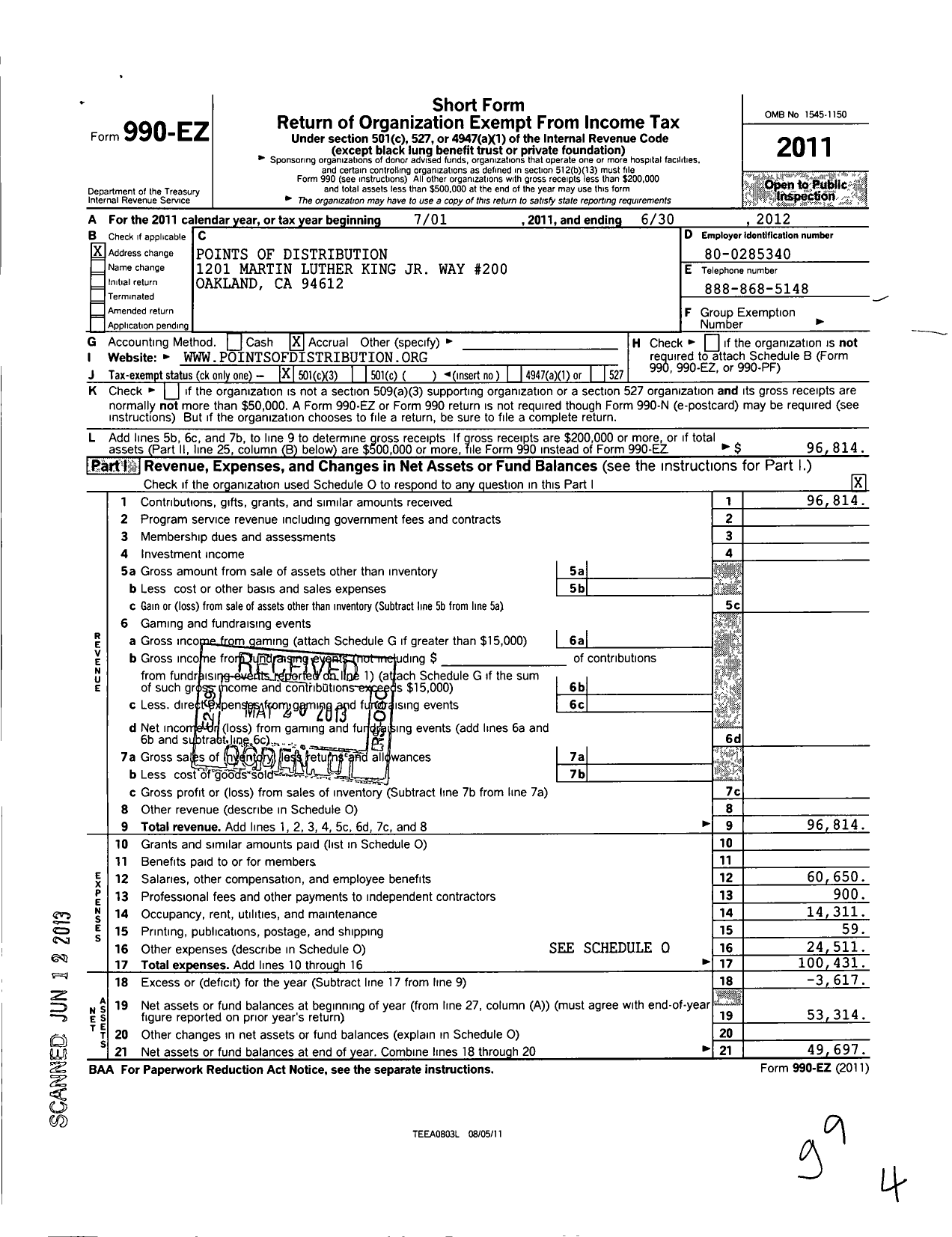 Image of first page of 2011 Form 990EZ for Points of Distribution