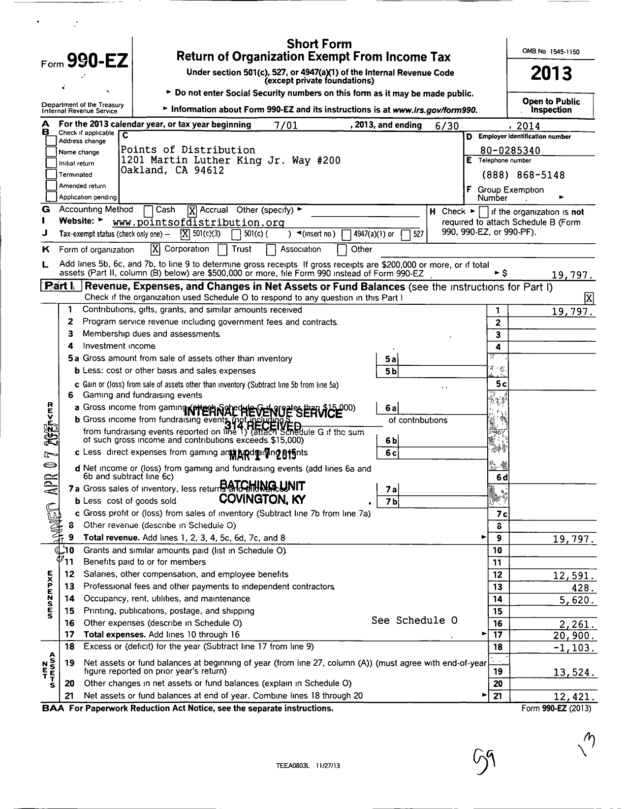 Image of first page of 2013 Form 990EZ for Points of Distribution