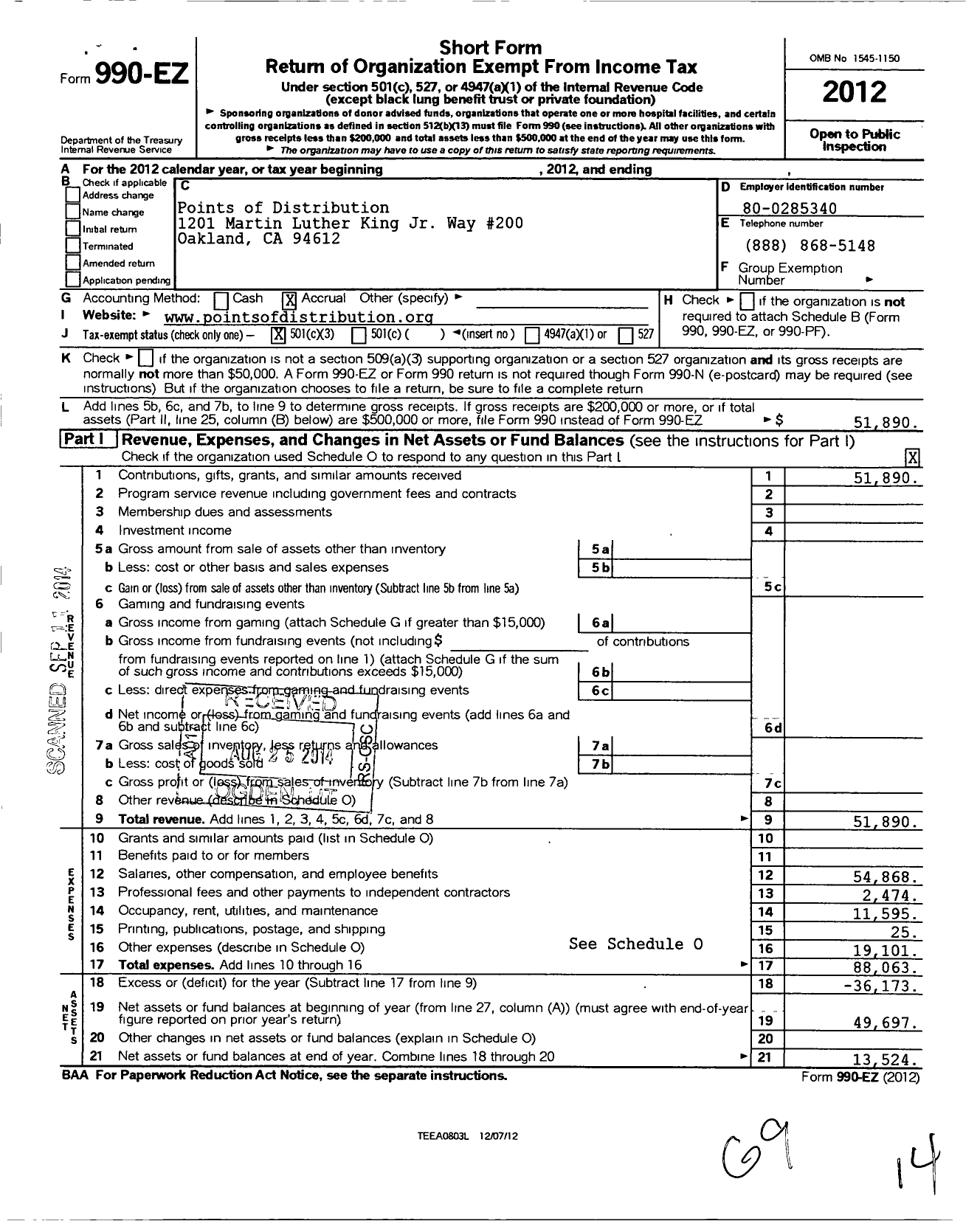 Image of first page of 2012 Form 990EZ for Points of Distribution