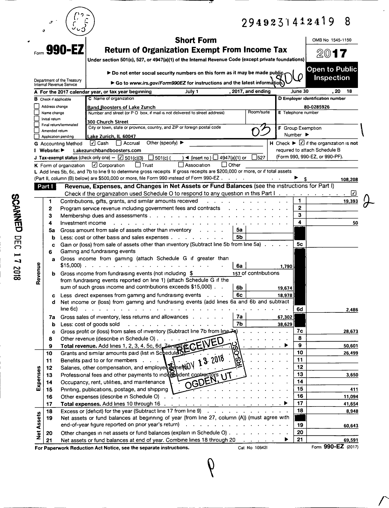 Image of first page of 2017 Form 990EZ for Band Boosters of Lake Zurich