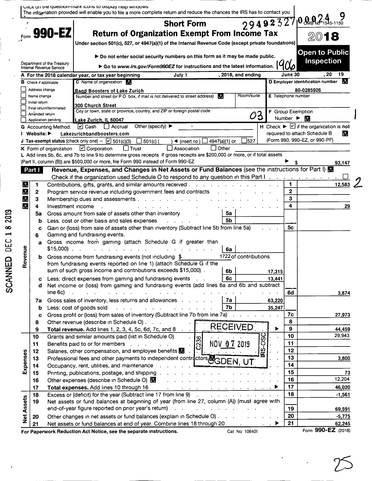 Image of first page of 2018 Form 990EZ for Band Boosters of Lake Zurich