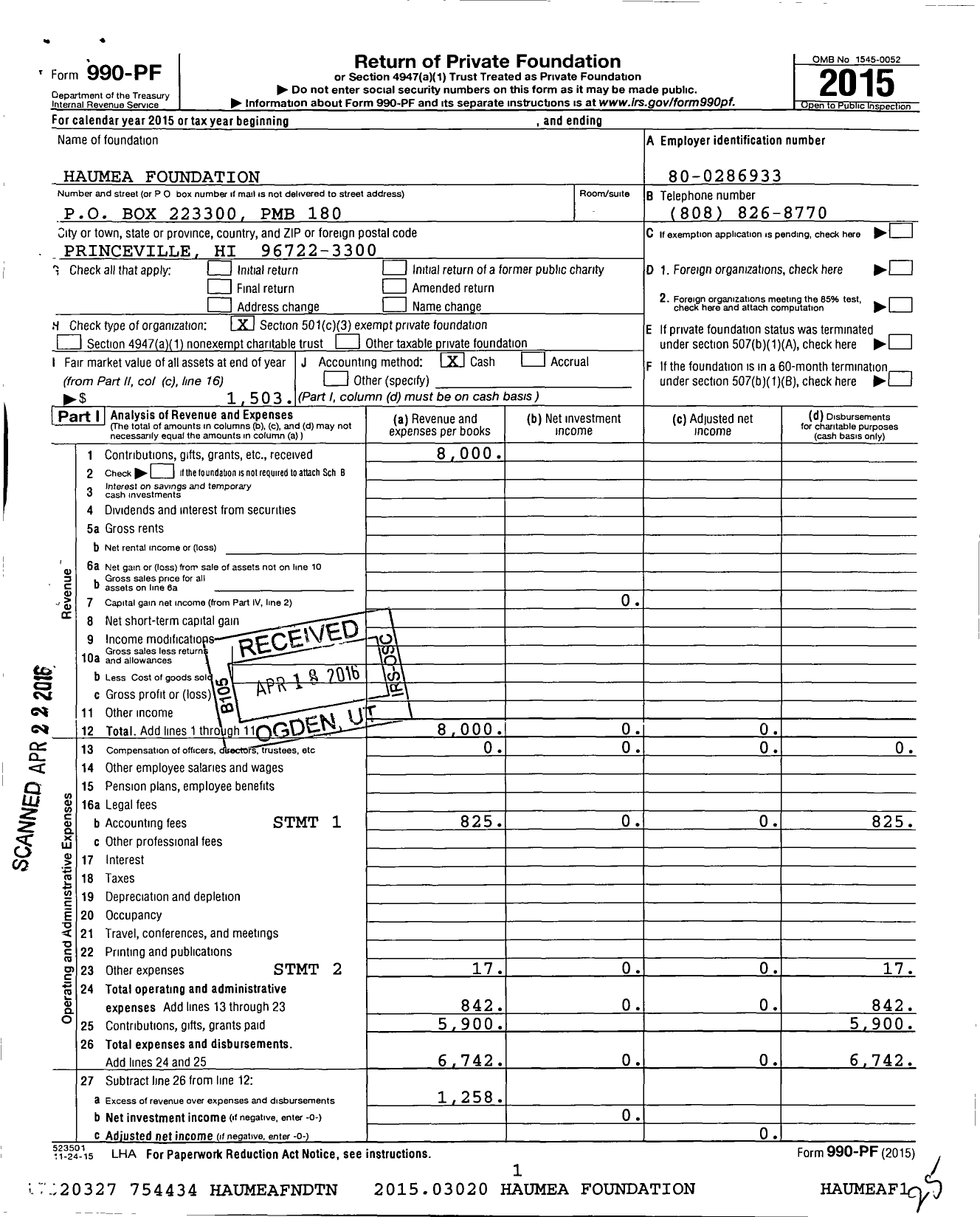 Image of first page of 2015 Form 990PF for Haumea Foundation