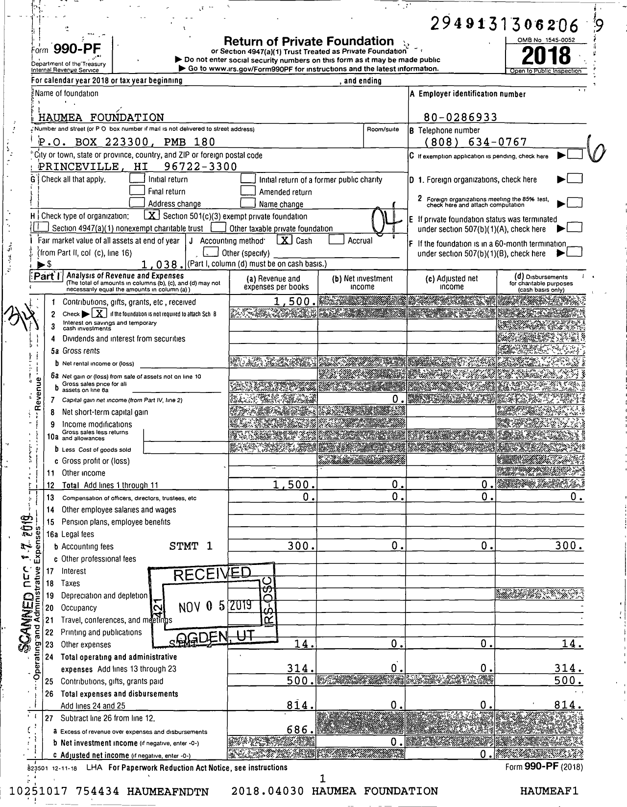 Image of first page of 2018 Form 990PF for Haumea Foundation