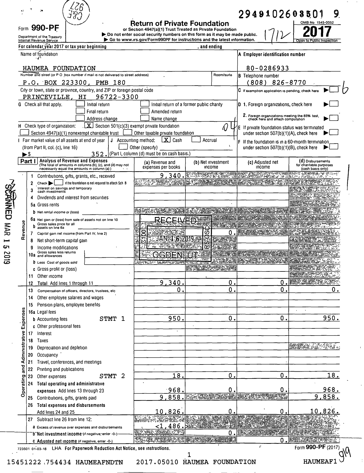 Image of first page of 2017 Form 990PF for Haumea Foundation
