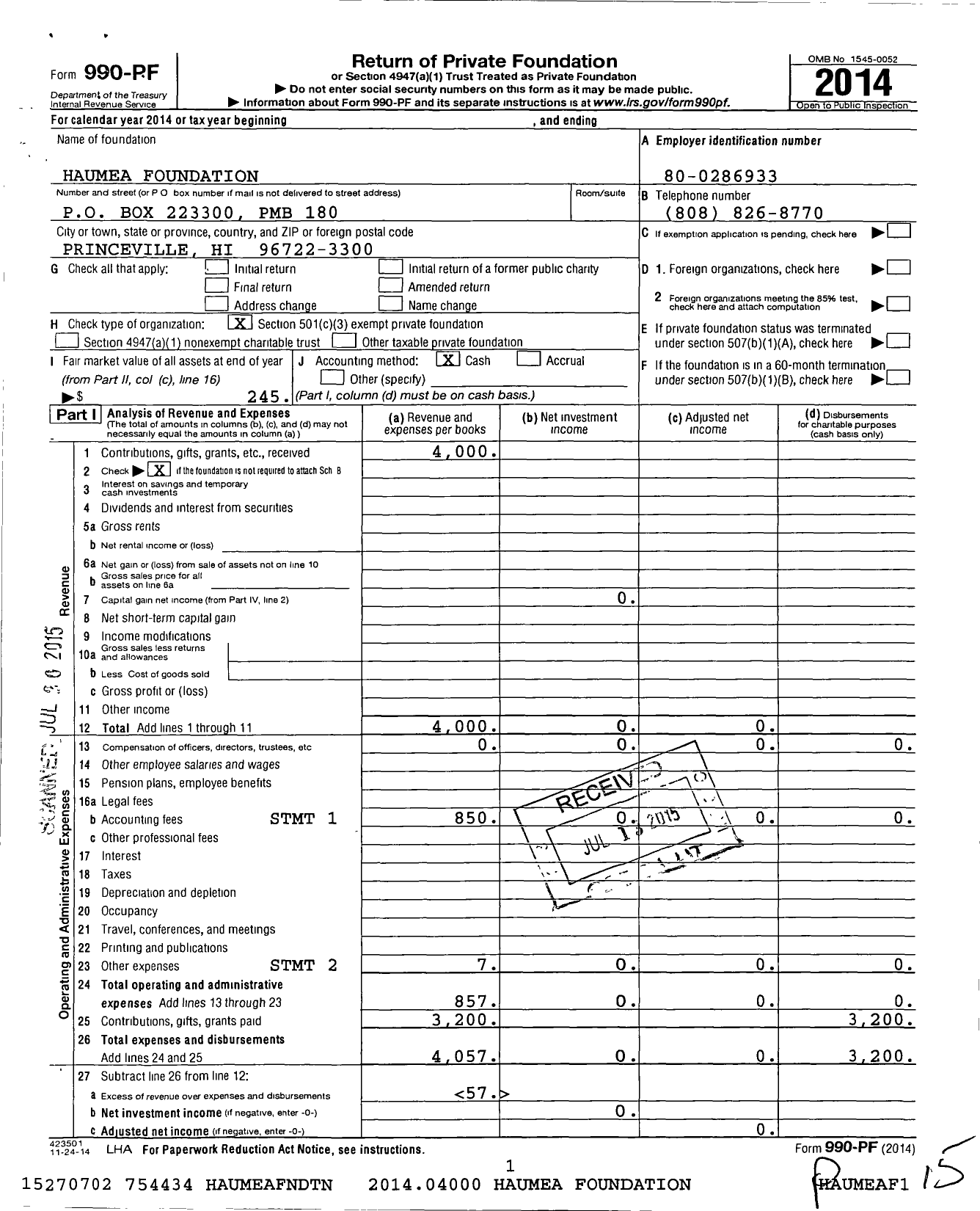 Image of first page of 2014 Form 990PF for Haumea Foundation