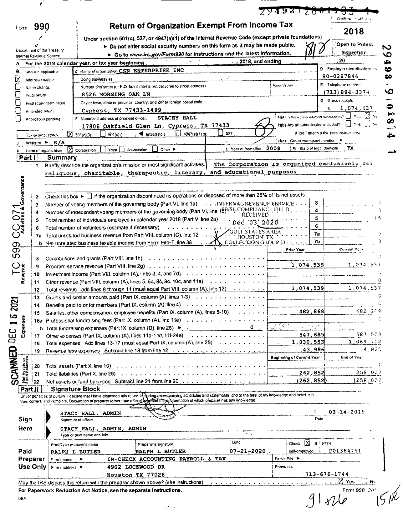 Image of first page of 2018 Form 990 for CSN Enterriseinc