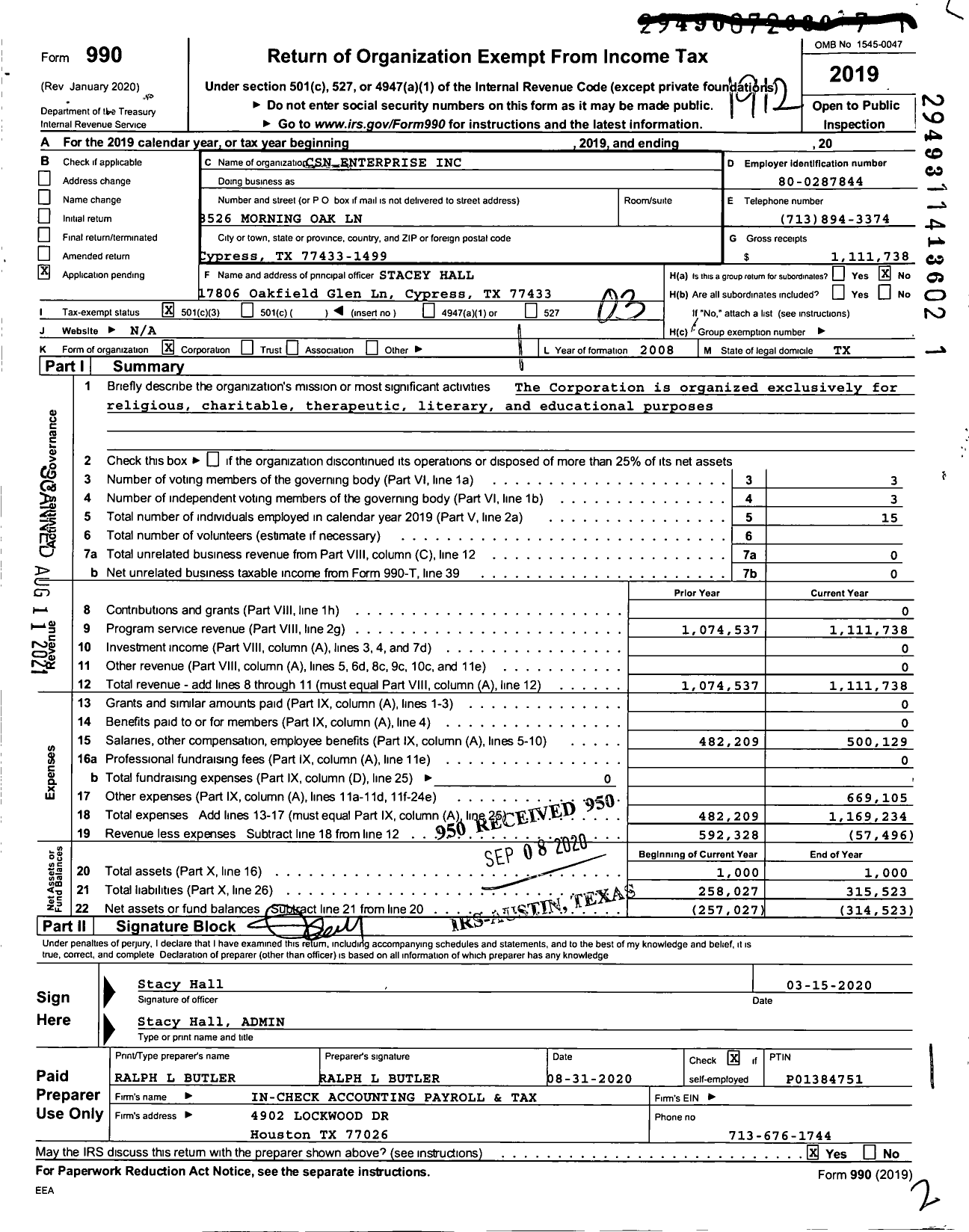 Image of first page of 2019 Form 990 for CSN Enterriseinc