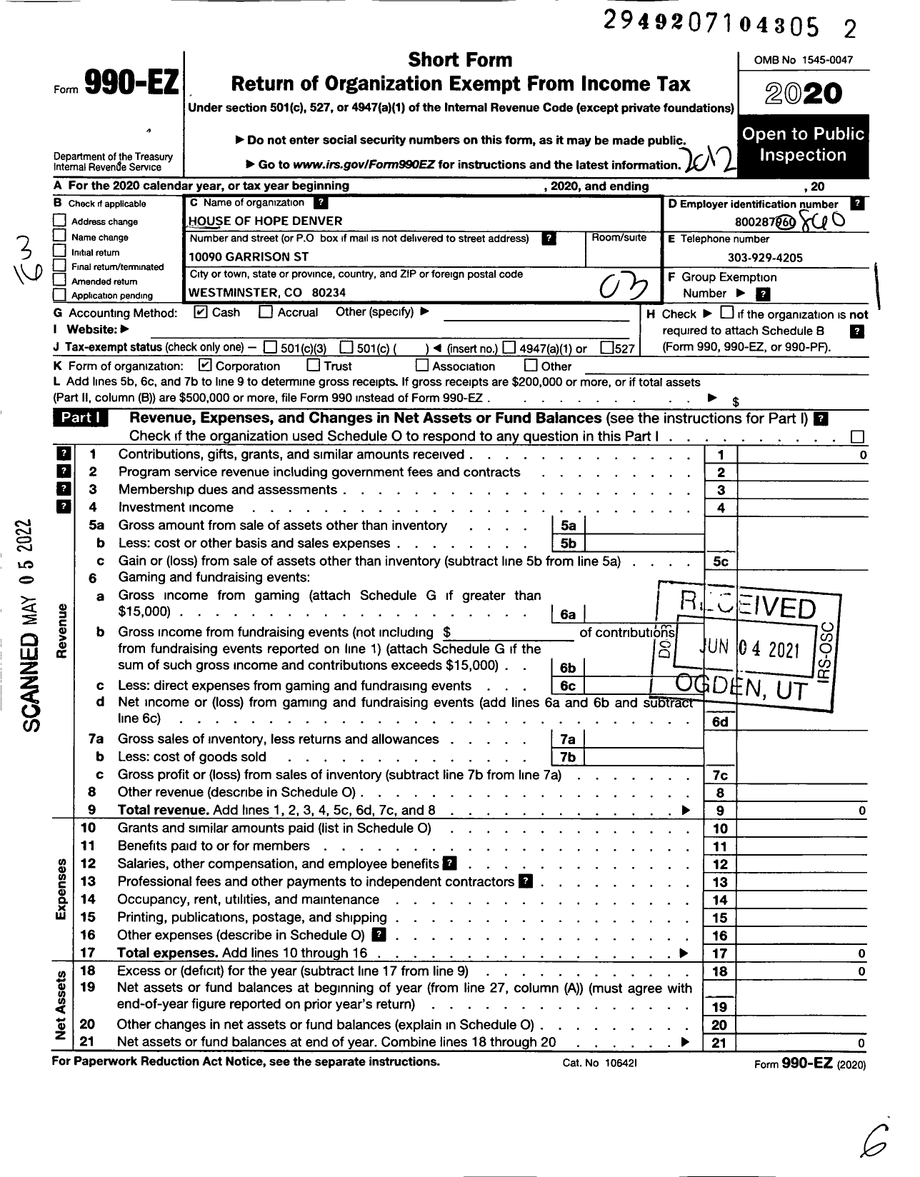 Image of first page of 2020 Form 990EZ for House of Hope Denver