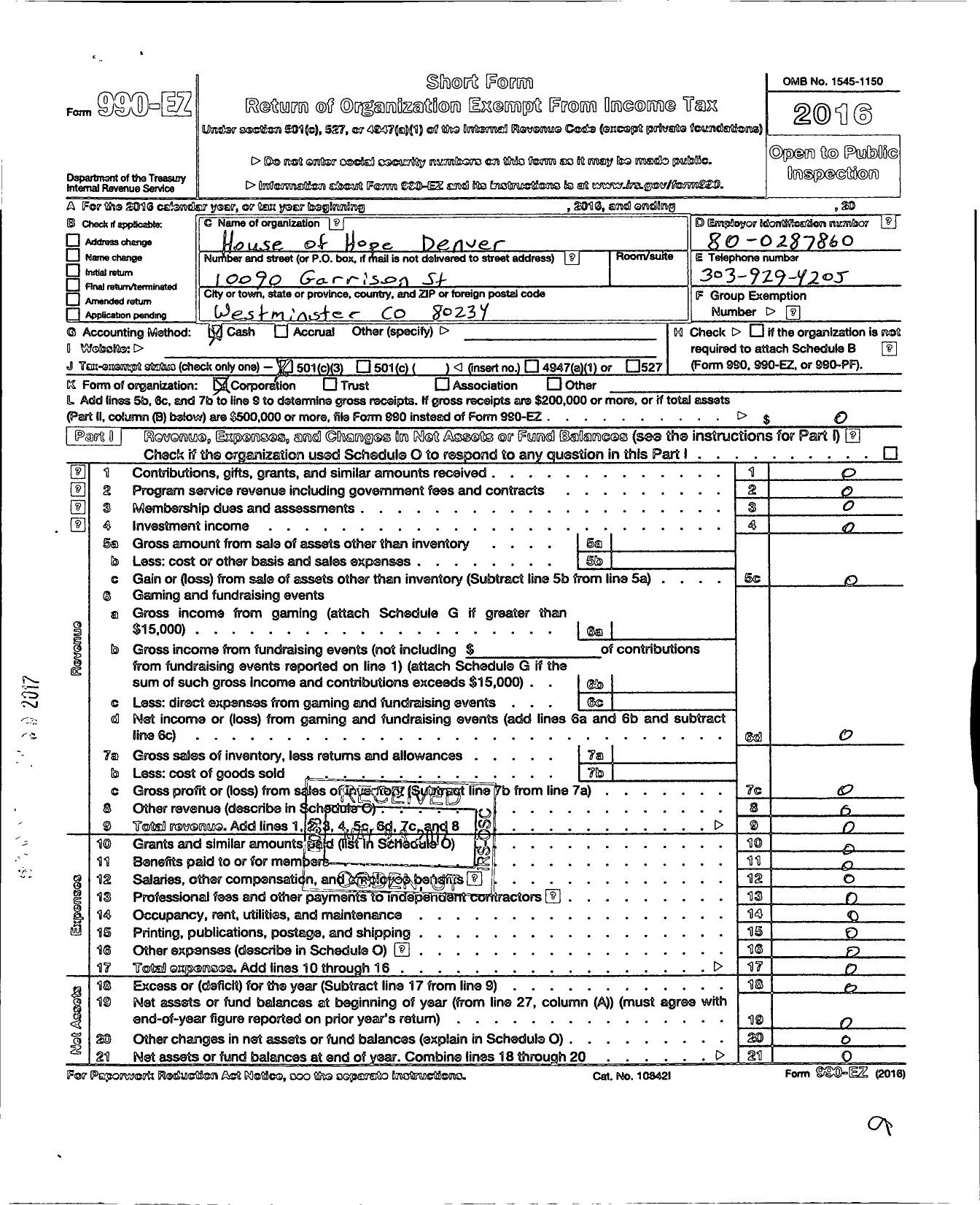 Image of first page of 2016 Form 990EZ for House of Hope Denver