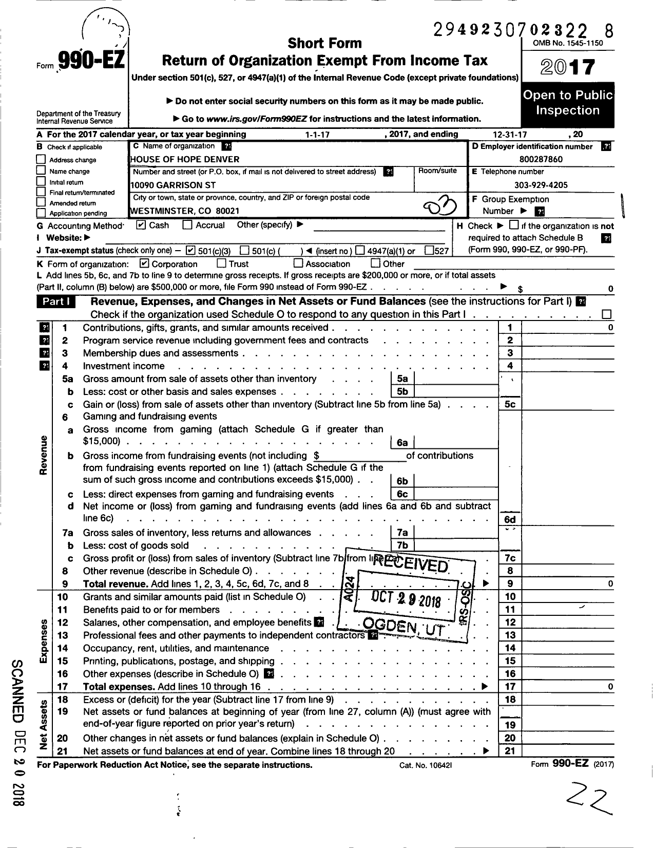 Image of first page of 2017 Form 990EZ for House of Hope Denver