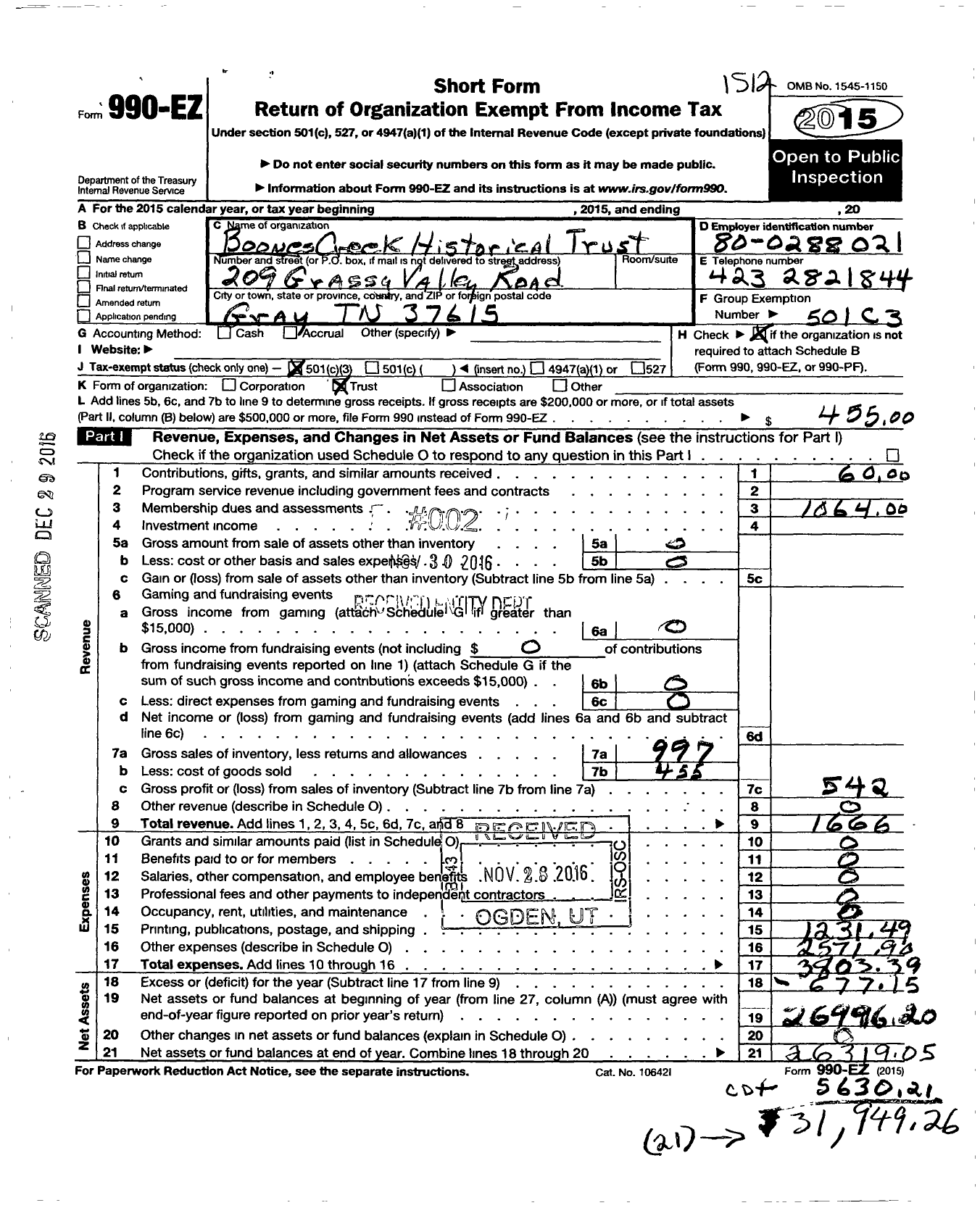 Image of first page of 2015 Form 990EZ for Boones Creek Historical Trust