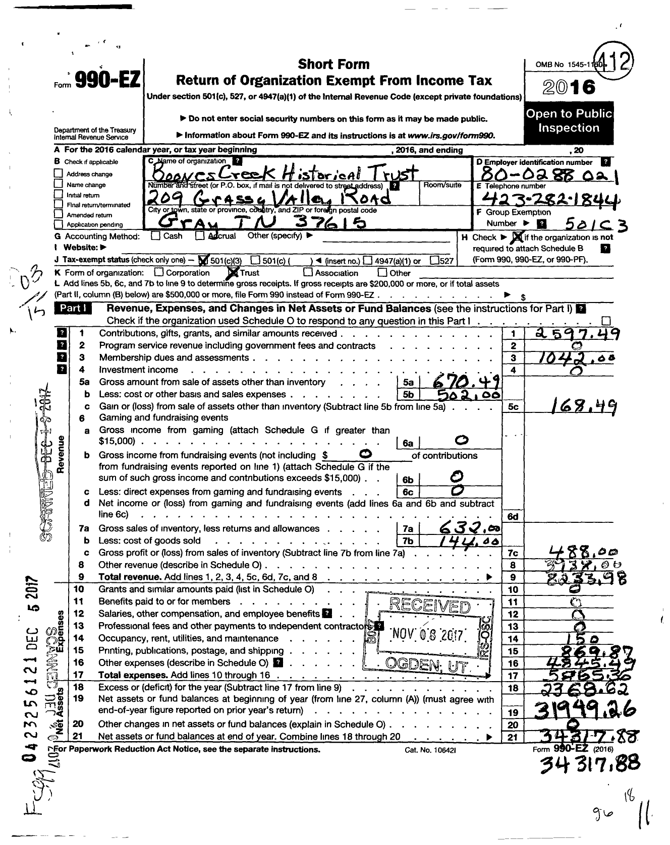 Image of first page of 2016 Form 990EZ for Boones Creek Historical Trust