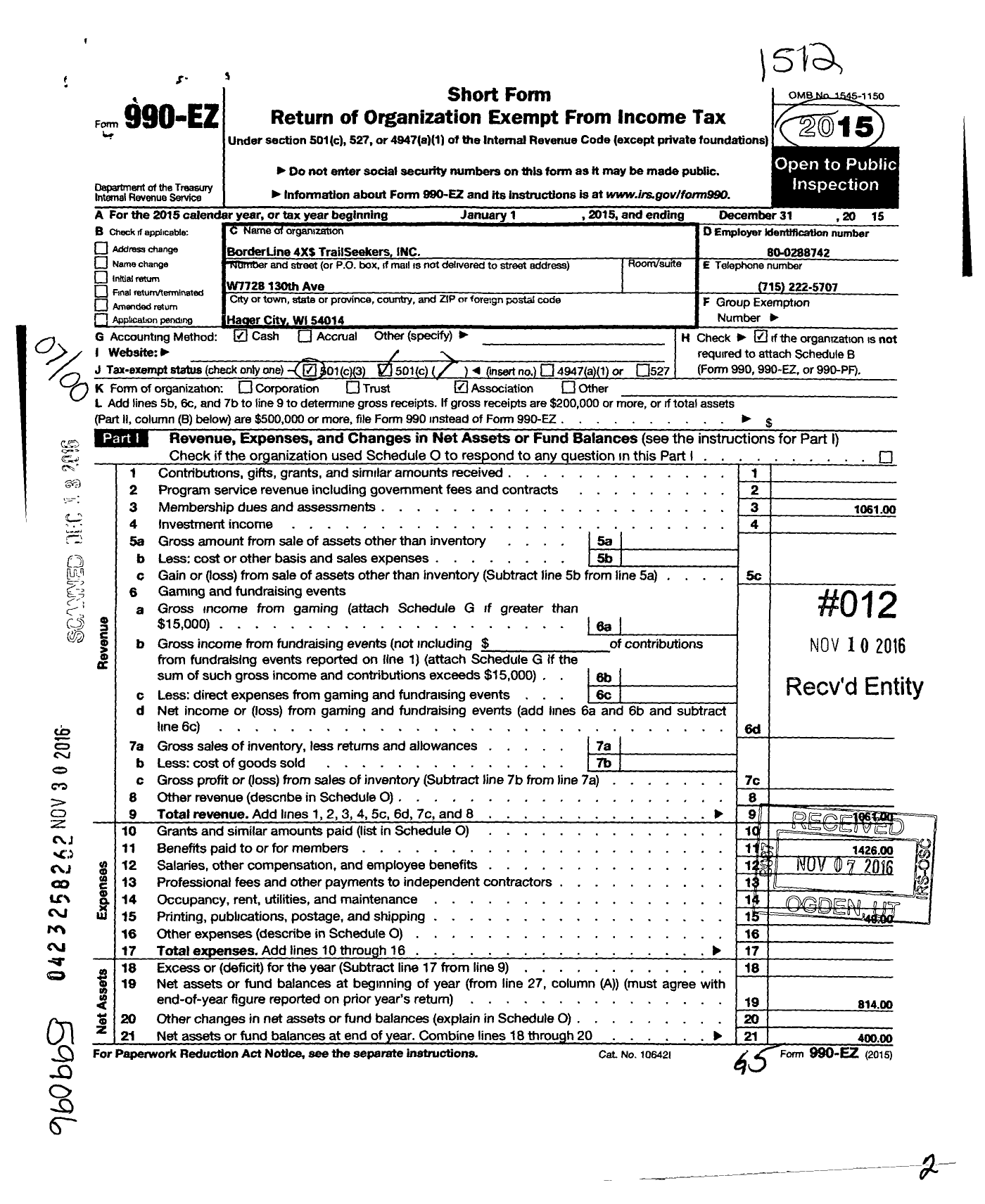 Image of first page of 2015 Form 990EO for Borederline 4X4 Trailseekers