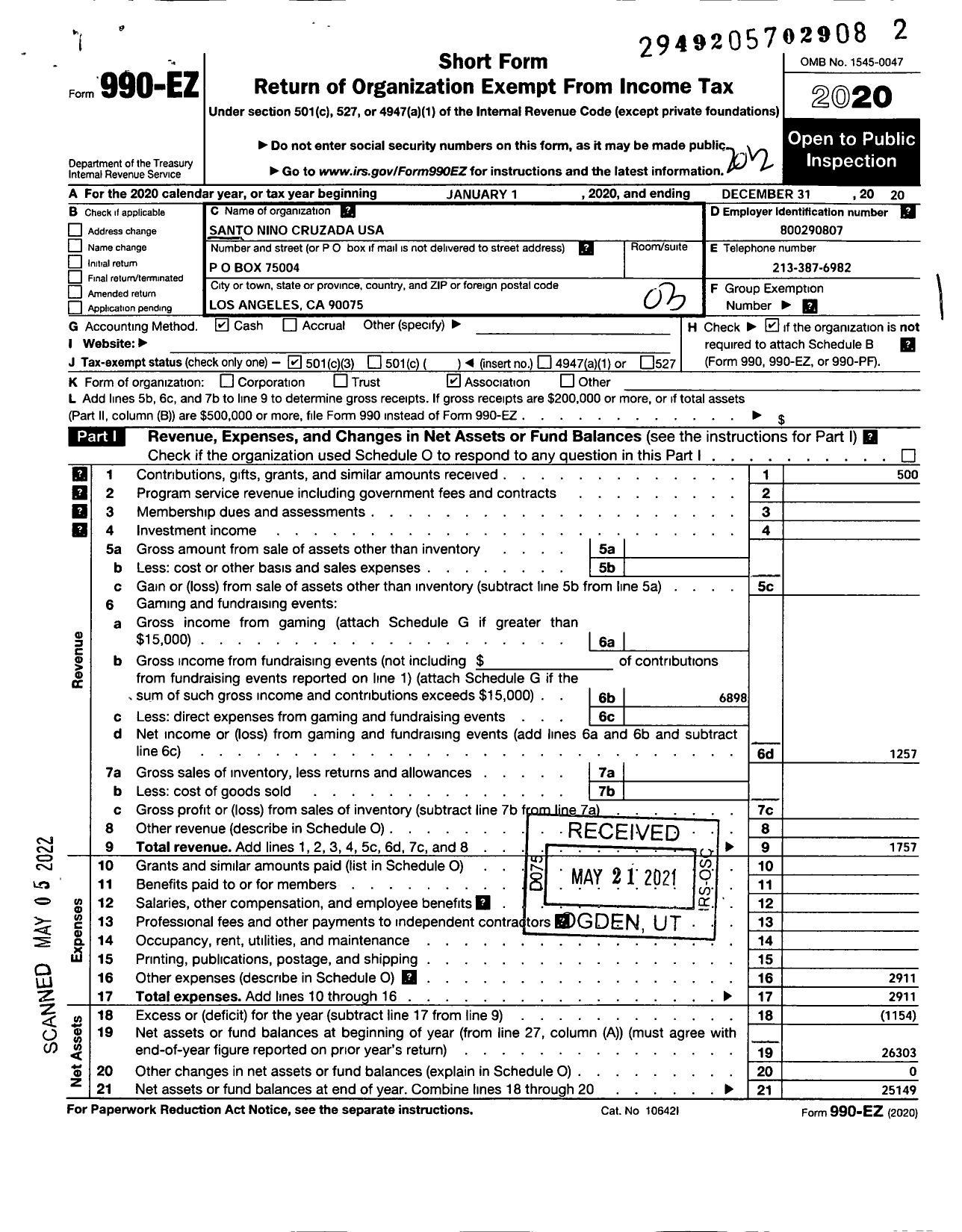 Image of first page of 2020 Form 990EZ for Santo Nino Cruzada USA