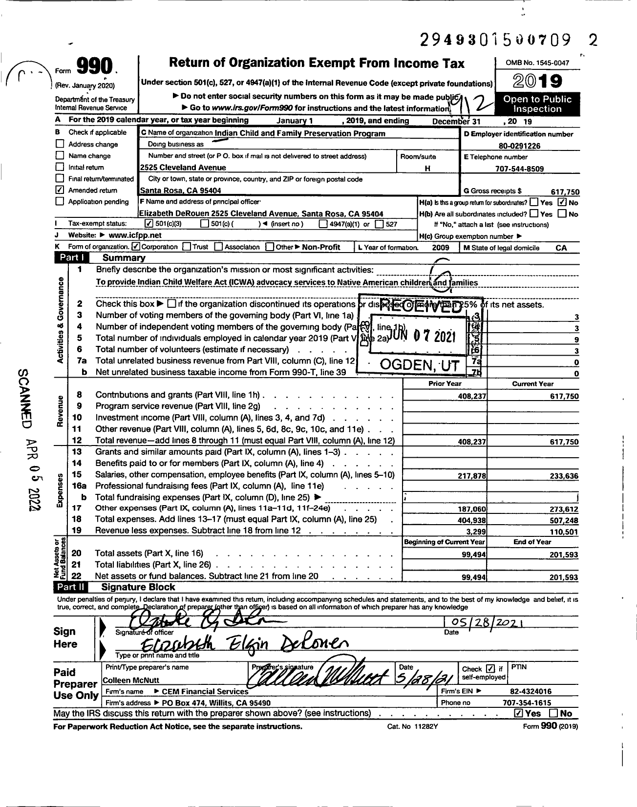 Image of first page of 2019 Form 990 for Indian Child and Family Preservation Program