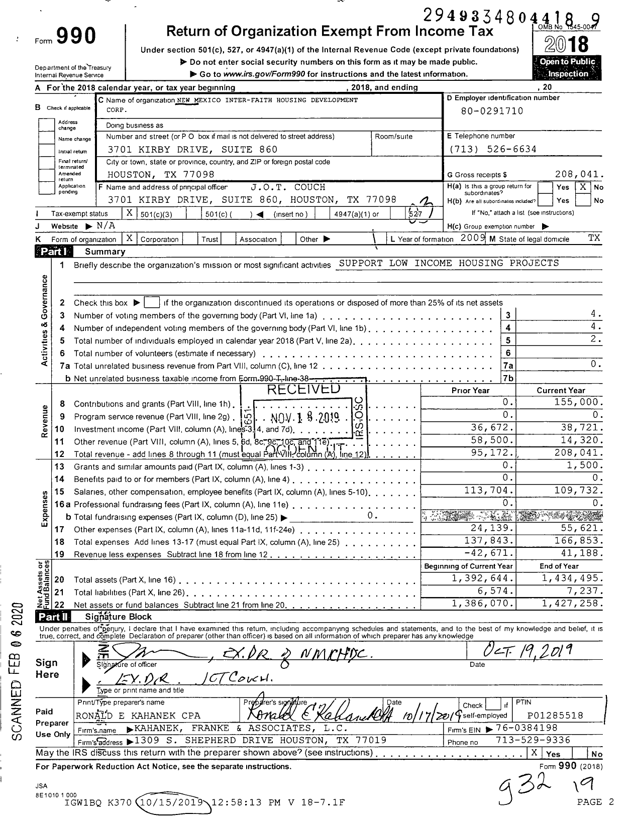 Image of first page of 2018 Form 990 for New Mexico Inter-Faith Housing Development Corporation