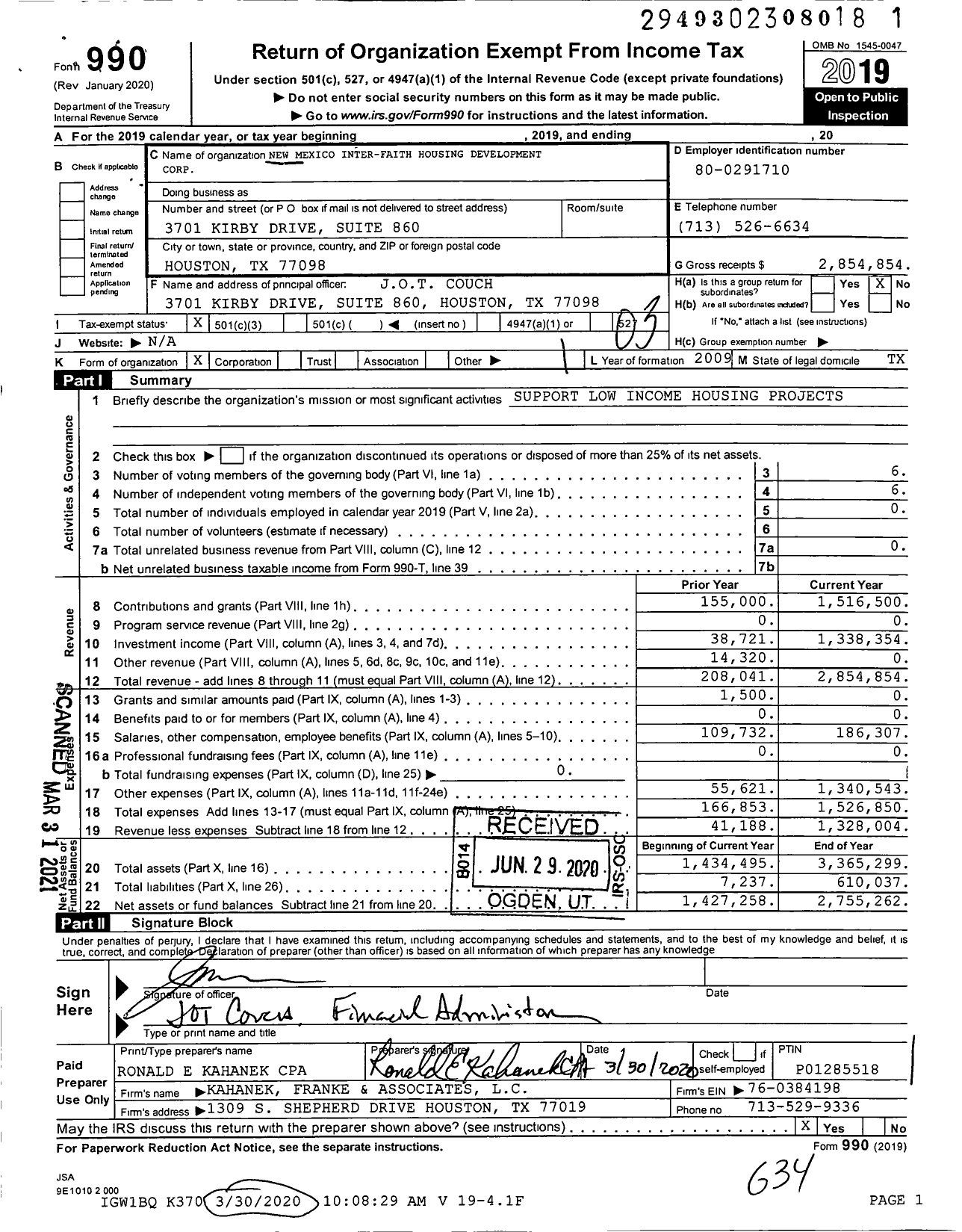 Image of first page of 2019 Form 990 for New Mexico Inter-Faith Housing Development Corporation