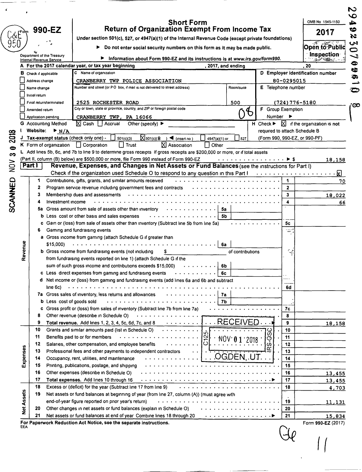 Image of first page of 2017 Form 990EO for Cranberry TWP Police Association