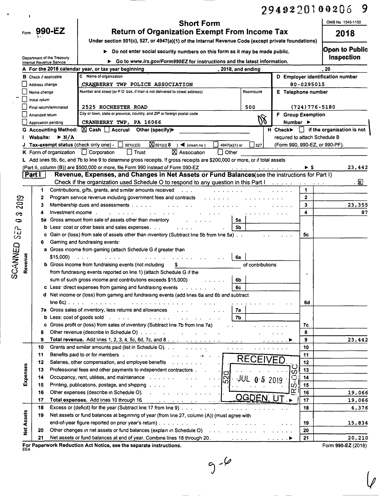 Image of first page of 2018 Form 990EO for Cranberry TWP Police Association