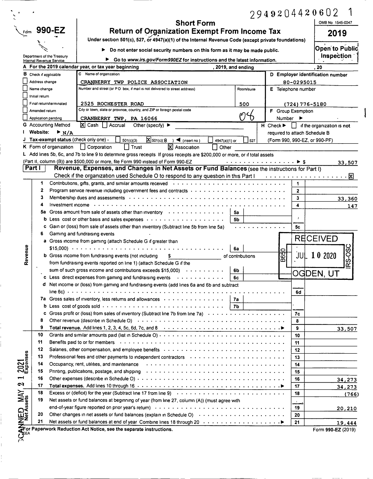 Image of first page of 2019 Form 990EO for Cranberry TWP Police Association