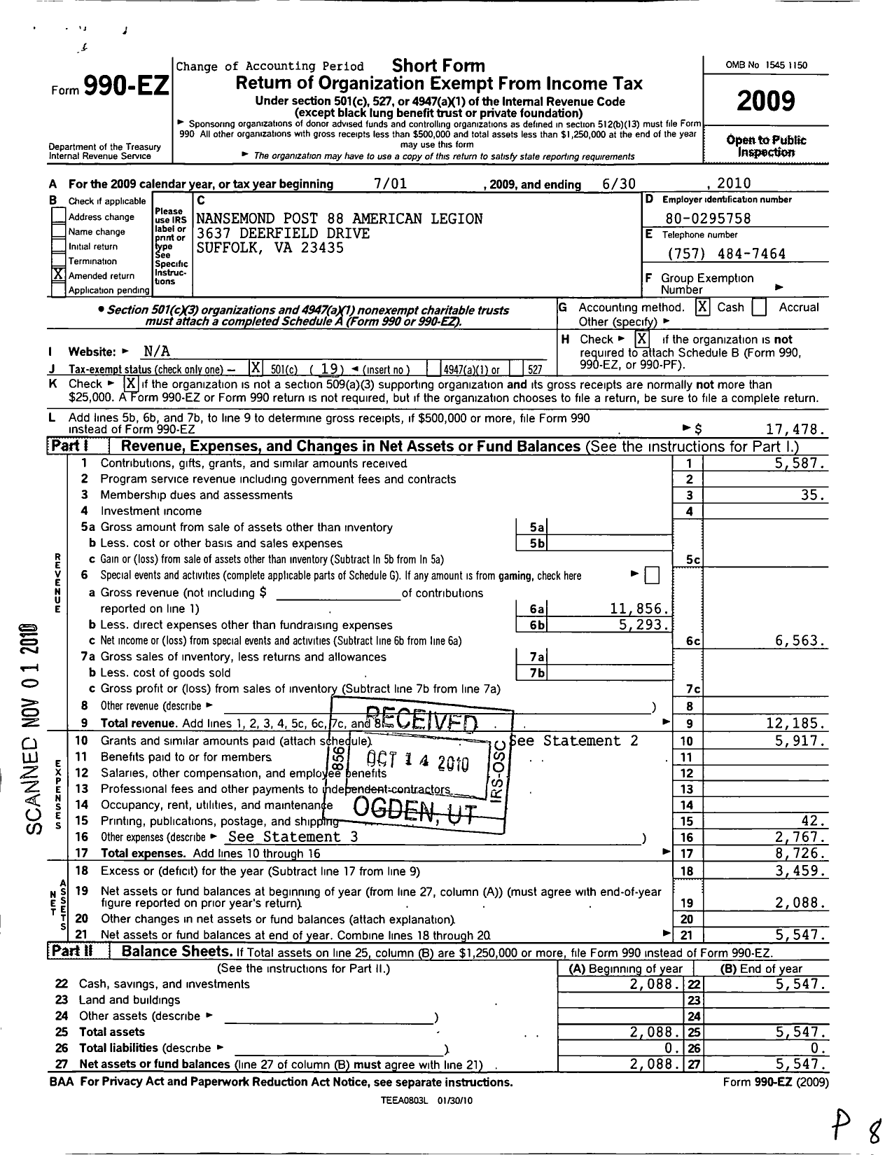 Image of first page of 2009 Form 990EO for American Legion - 88 Post Nansemond