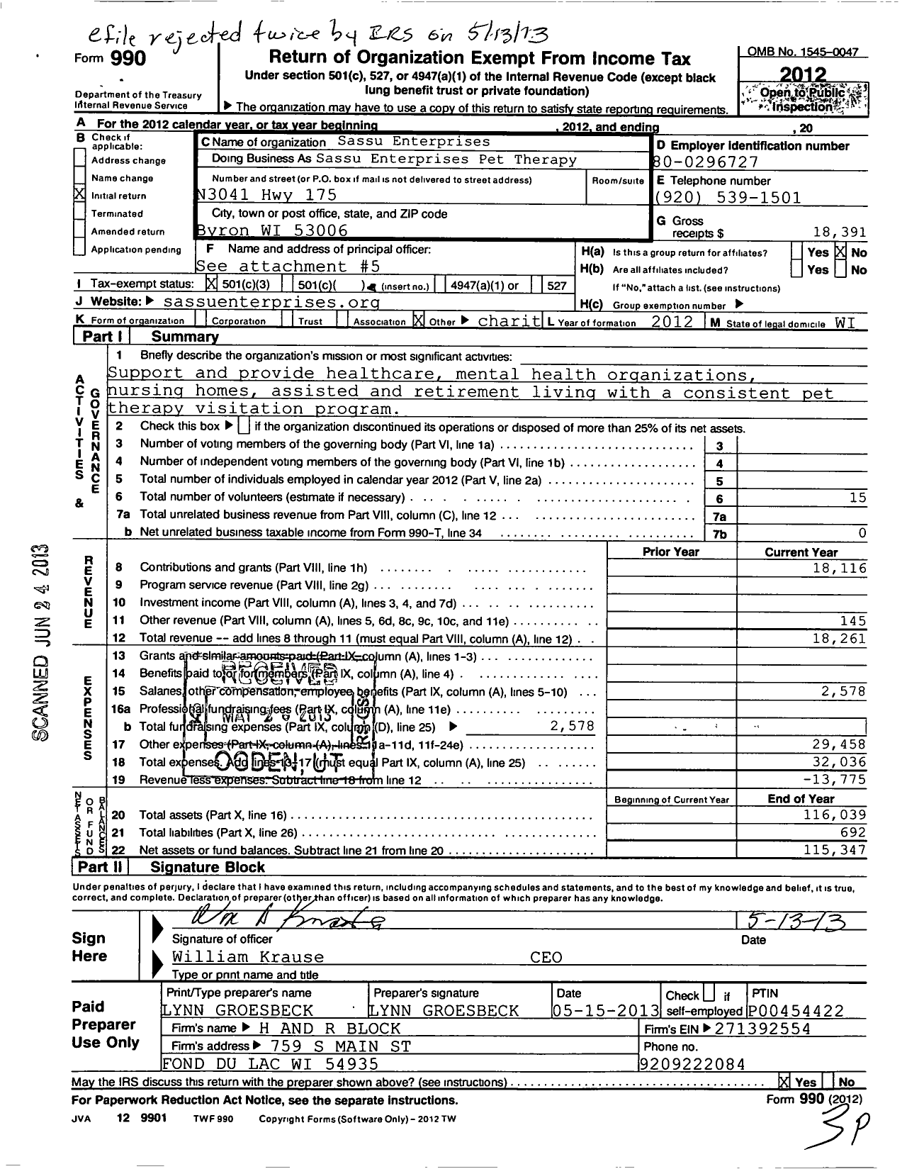 Image of first page of 2012 Form 990 for Sassu Enterprises Pet Therapy