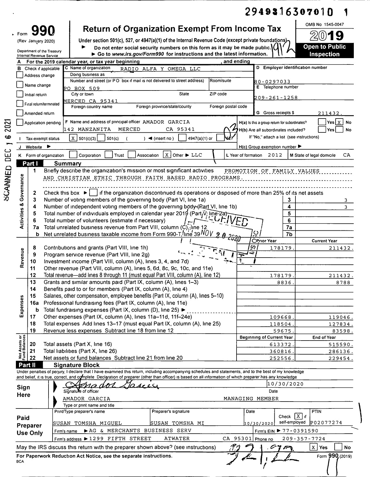 Image of first page of 2019 Form 990 for Radio Alfa Y Omega LLC