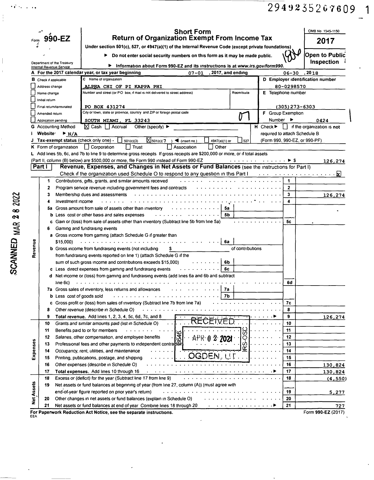 Image of first page of 2017 Form 990EO for Pi Kappa Phi Fraternity - Alpha Chi of Pi Kappa Phi