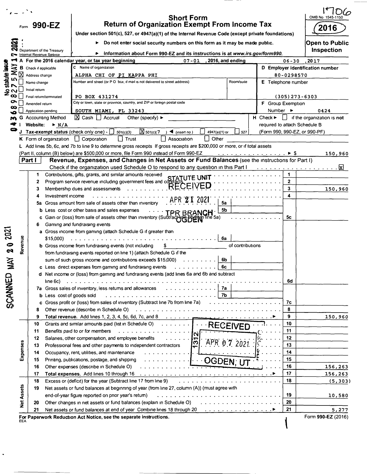 Image of first page of 2016 Form 990EOA for Pi Kappa Phi Fraternity - Alpha Chi of Pi Kappa Phi