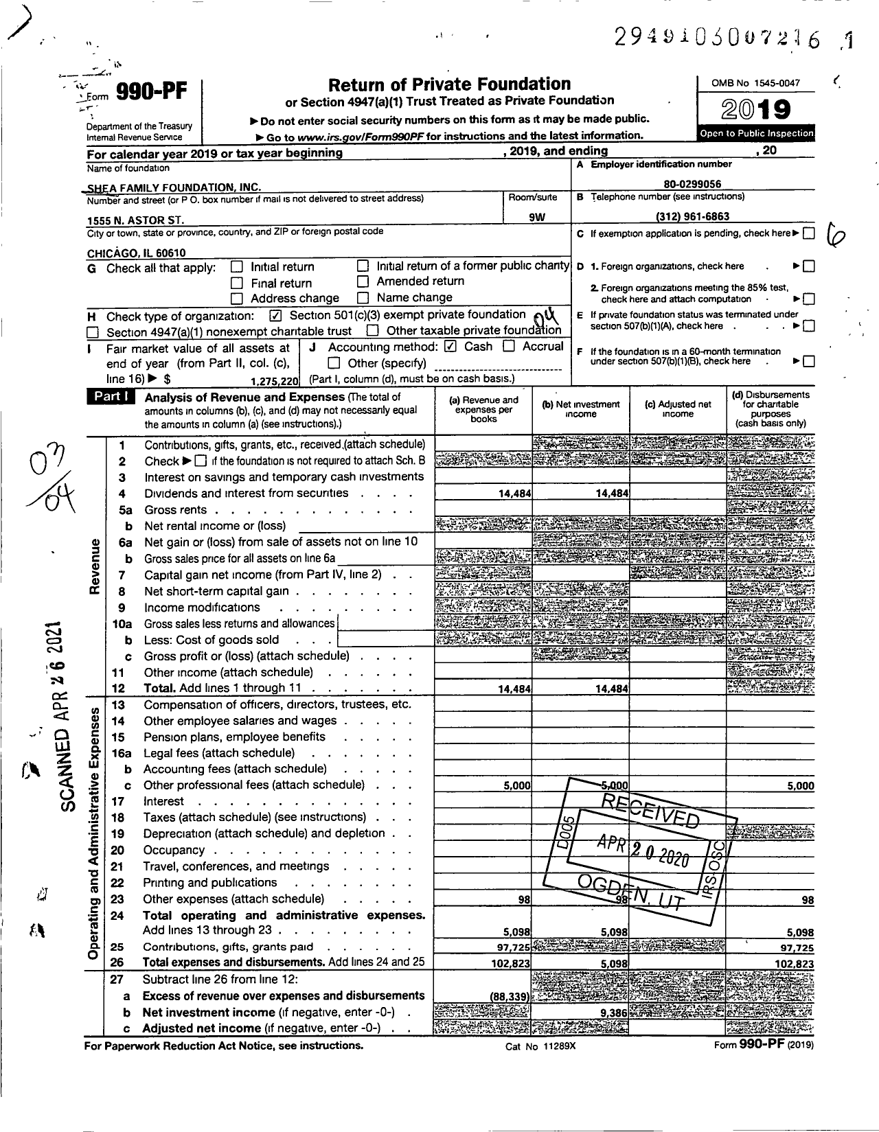 Image of first page of 2019 Form 990PF for Shea Family Foundation