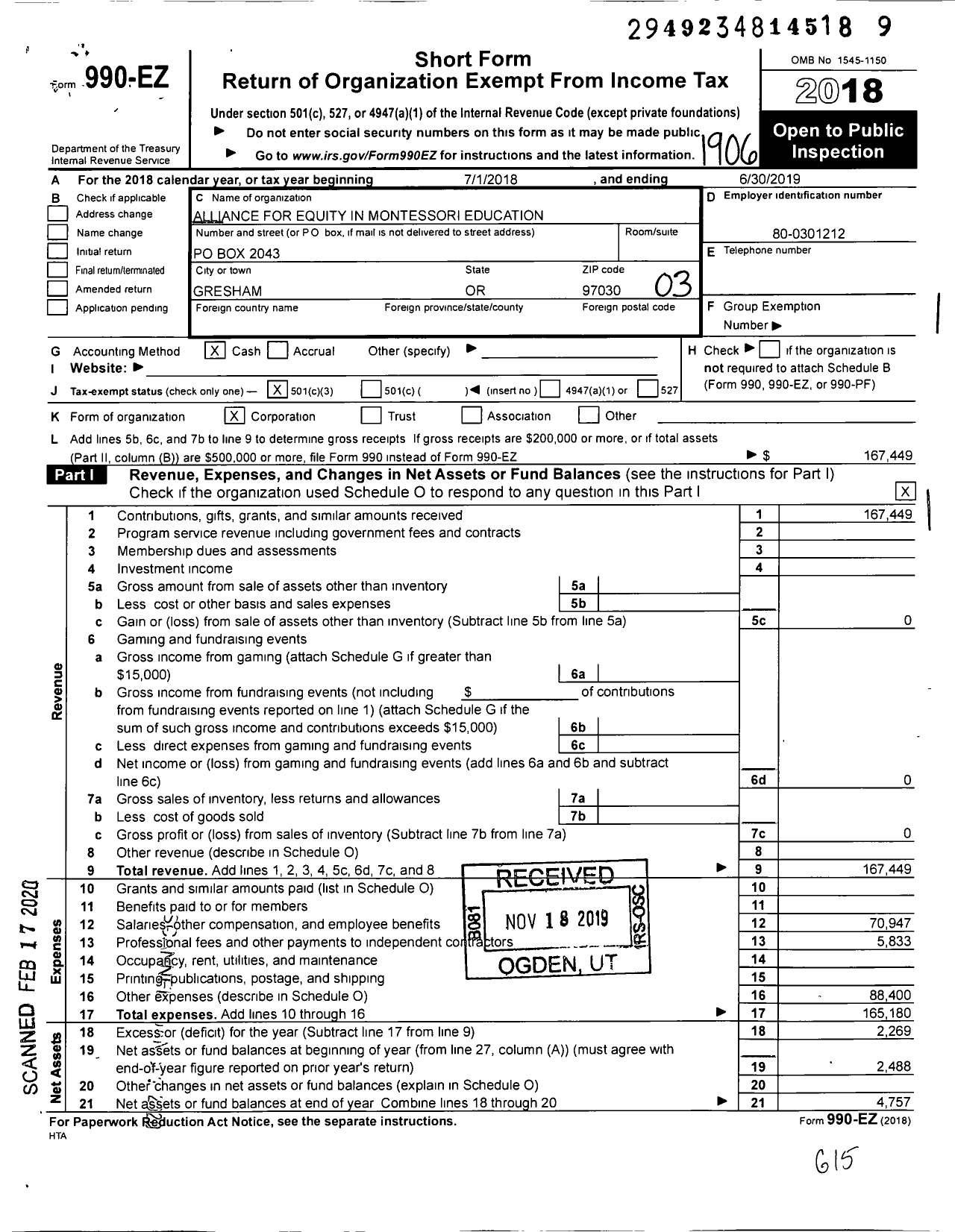 Image of first page of 2018 Form 990EZ for Alliance for Equity in Montessori Education