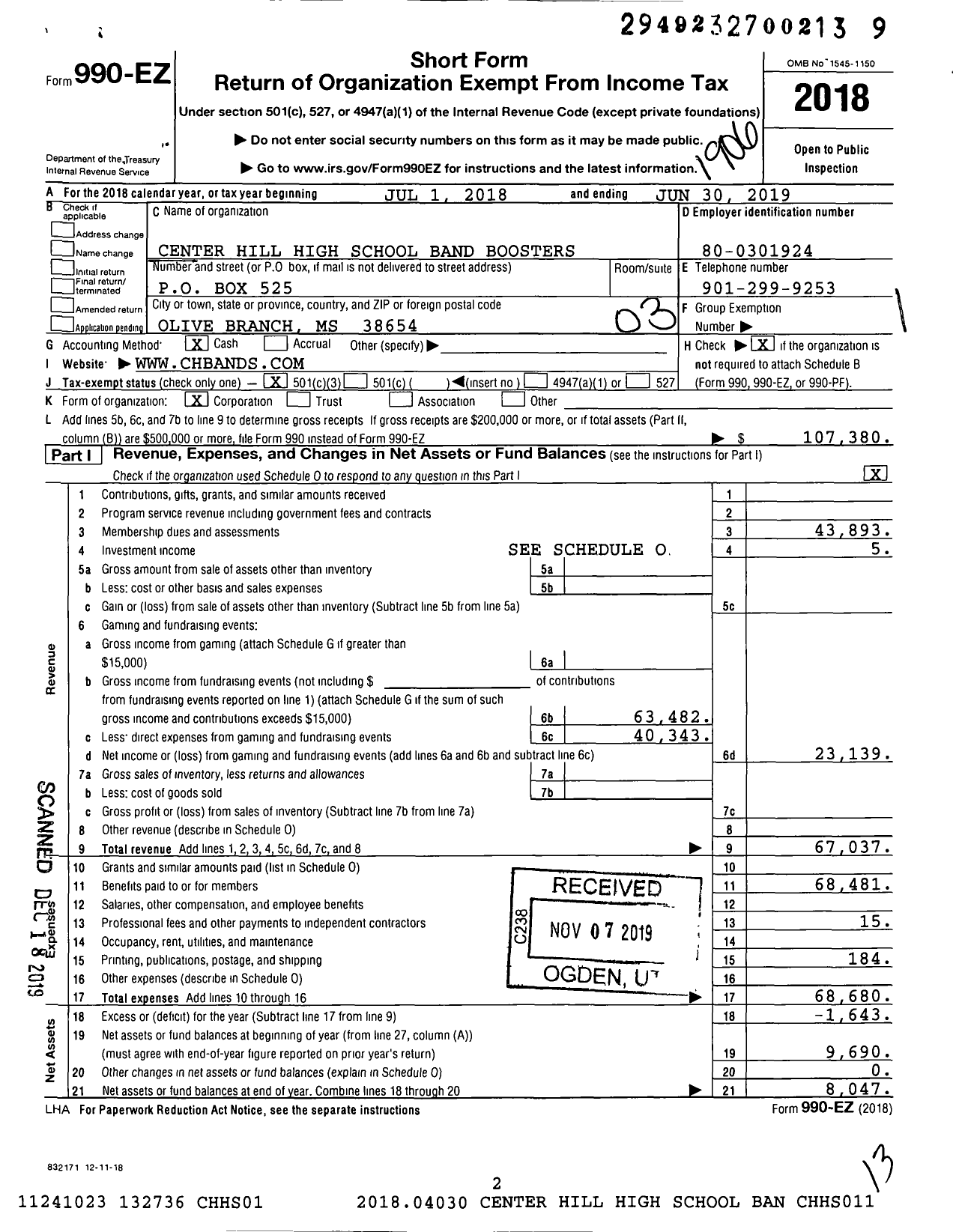 Image of first page of 2018 Form 990EZ for Center Hill High School Band Boosters