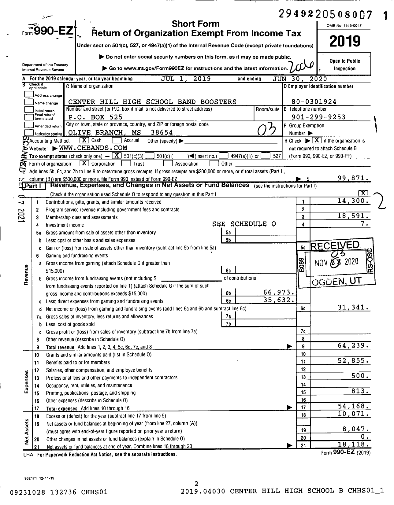 Image of first page of 2019 Form 990EZ for Center Hill High School Band Boosters