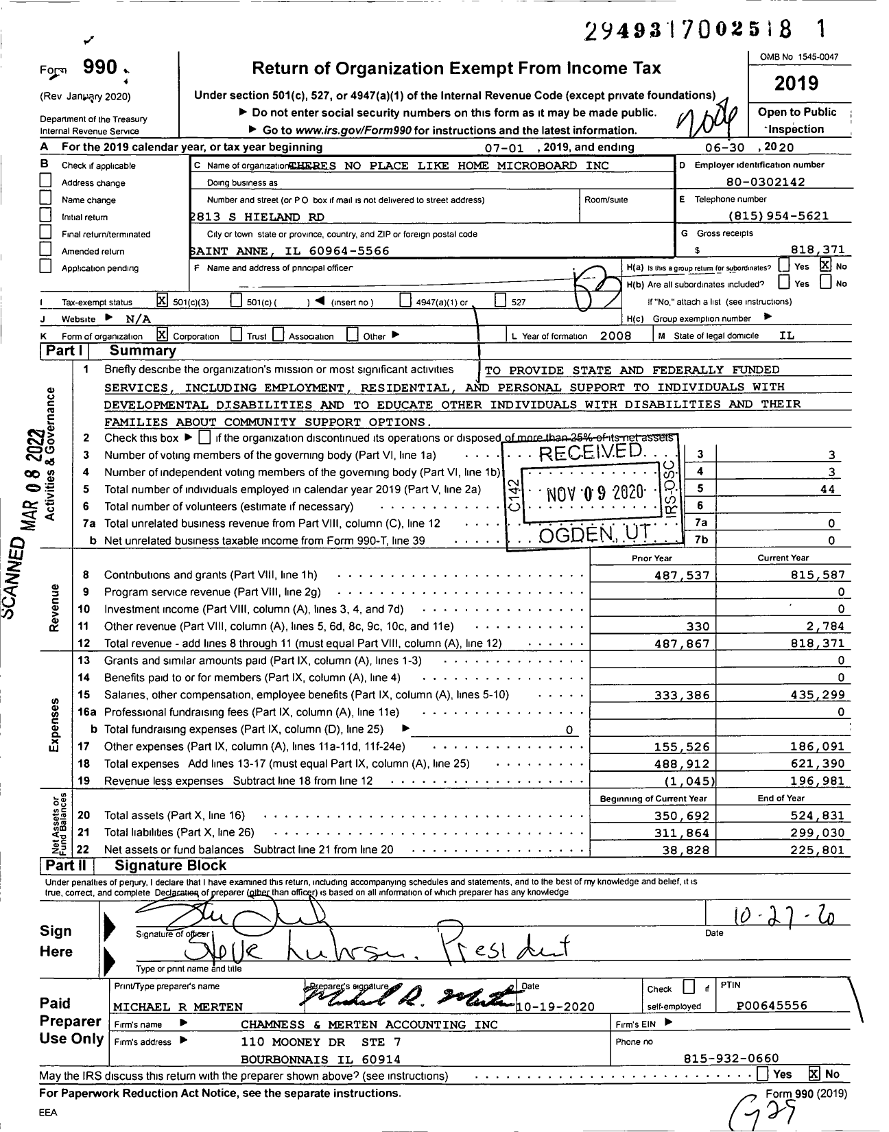 Image of first page of 2019 Form 990 for Theres No Place Like Home Microboard