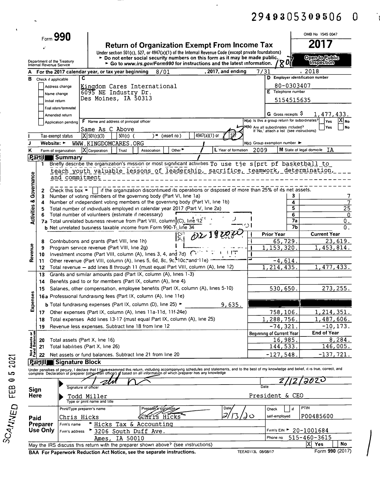 Image of first page of 2017 Form 990 for Kingdom Cares International