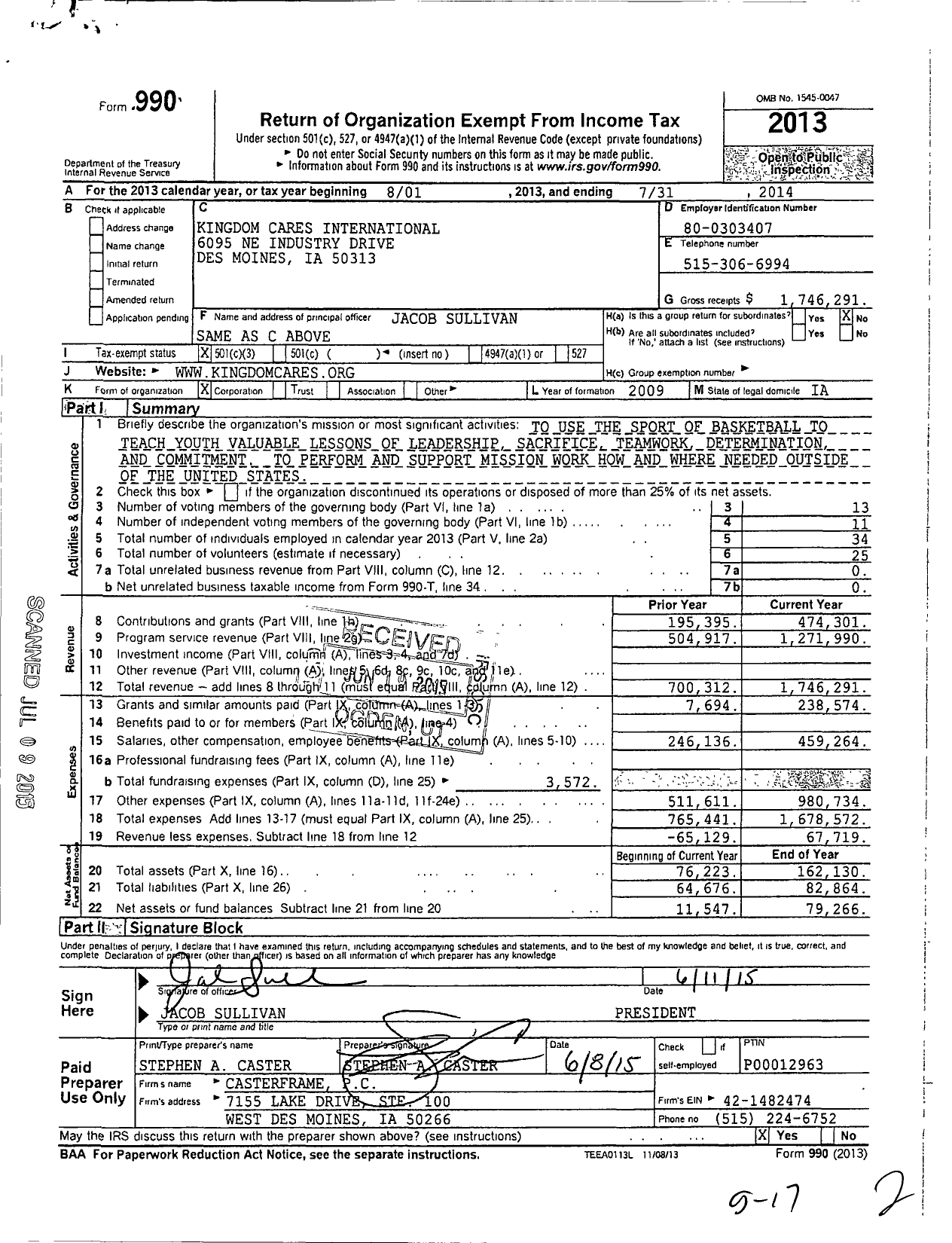 Image of first page of 2013 Form 990 for Kingdom Cares International