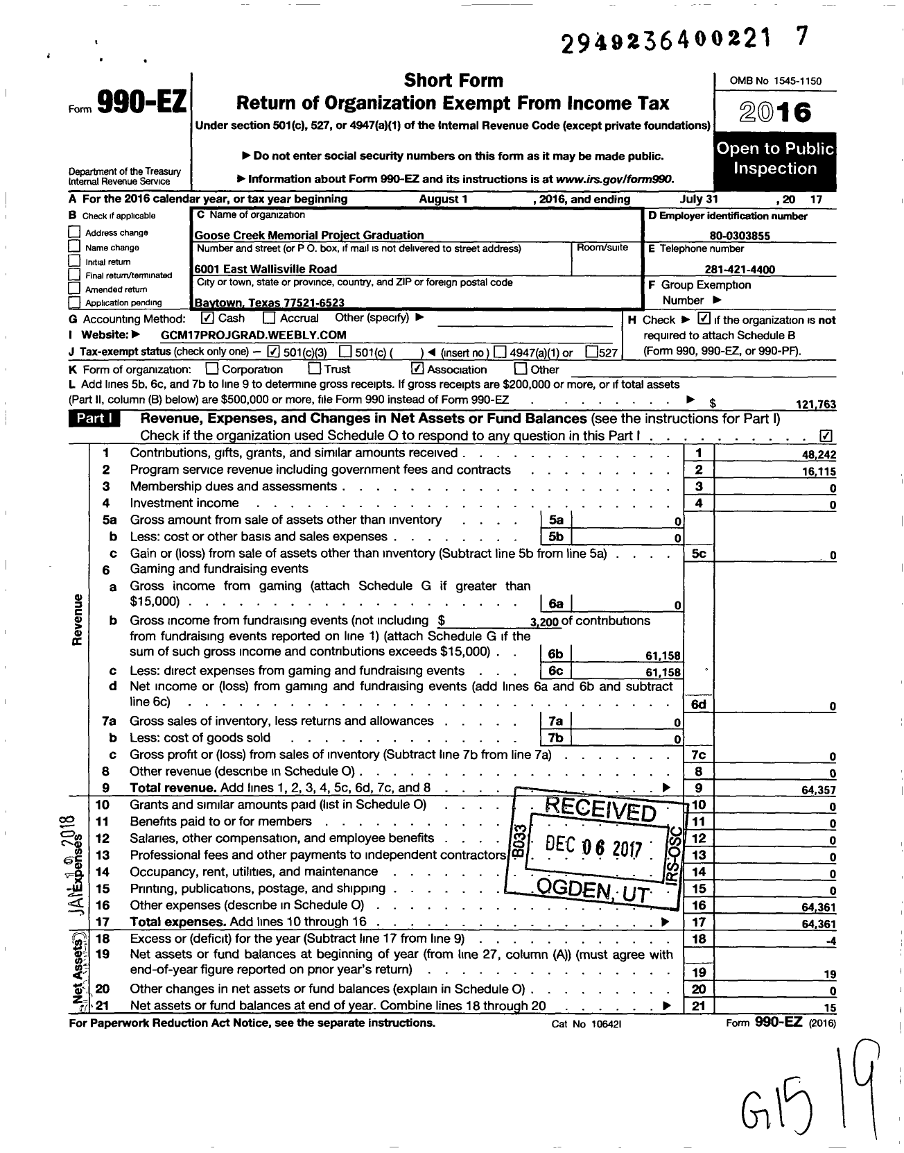 Image of first page of 2016 Form 990EZ for Goose Creek Memorial Project Graduation