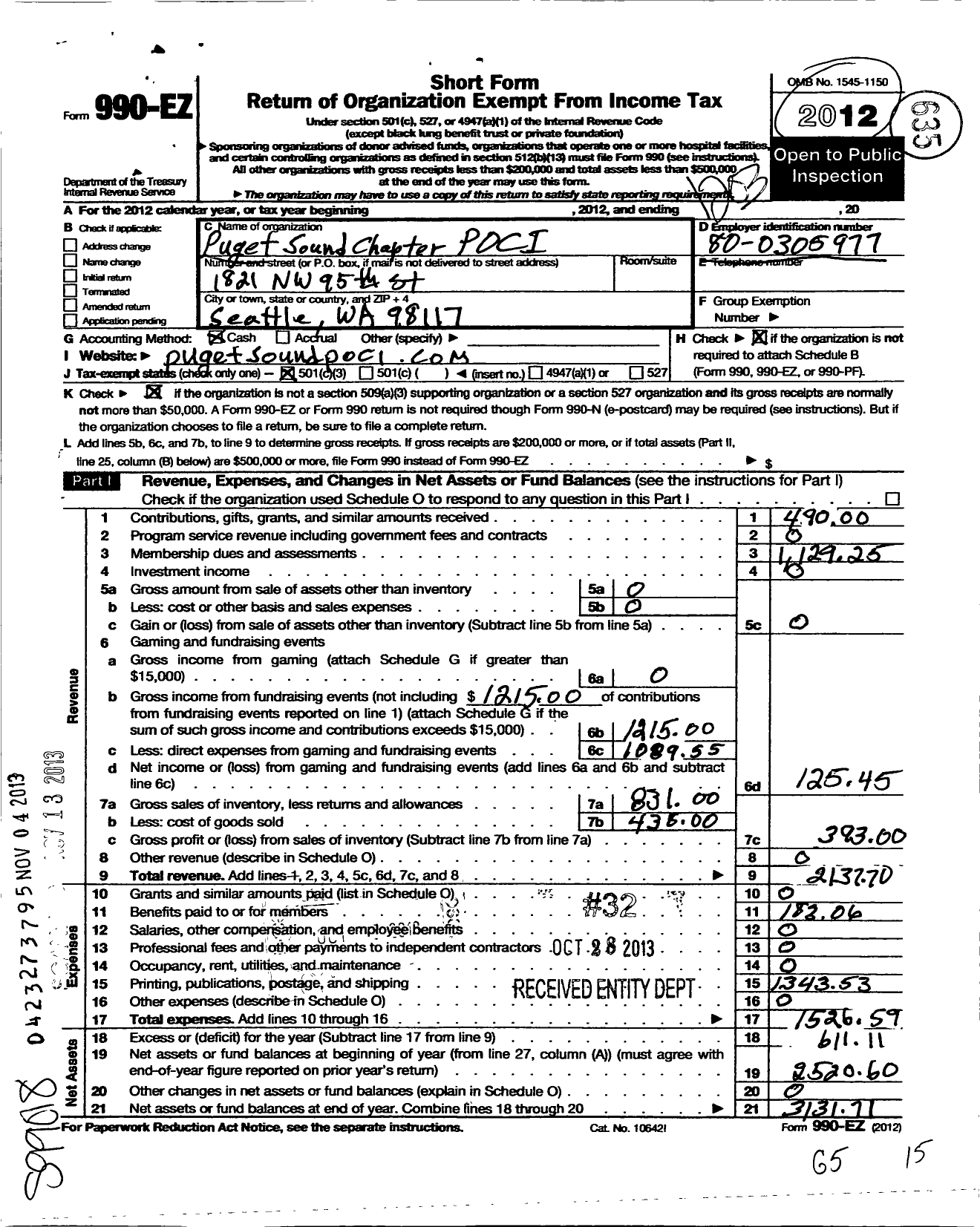 Image of first page of 2011 Form 990EZ for Puget Sound Chapter Poci