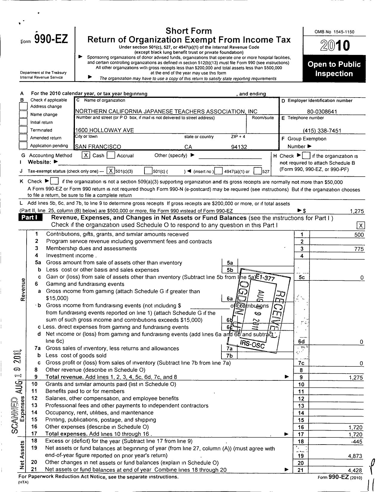 Image of first page of 2010 Form 990EZ for Northern California Japanese Teachers Association