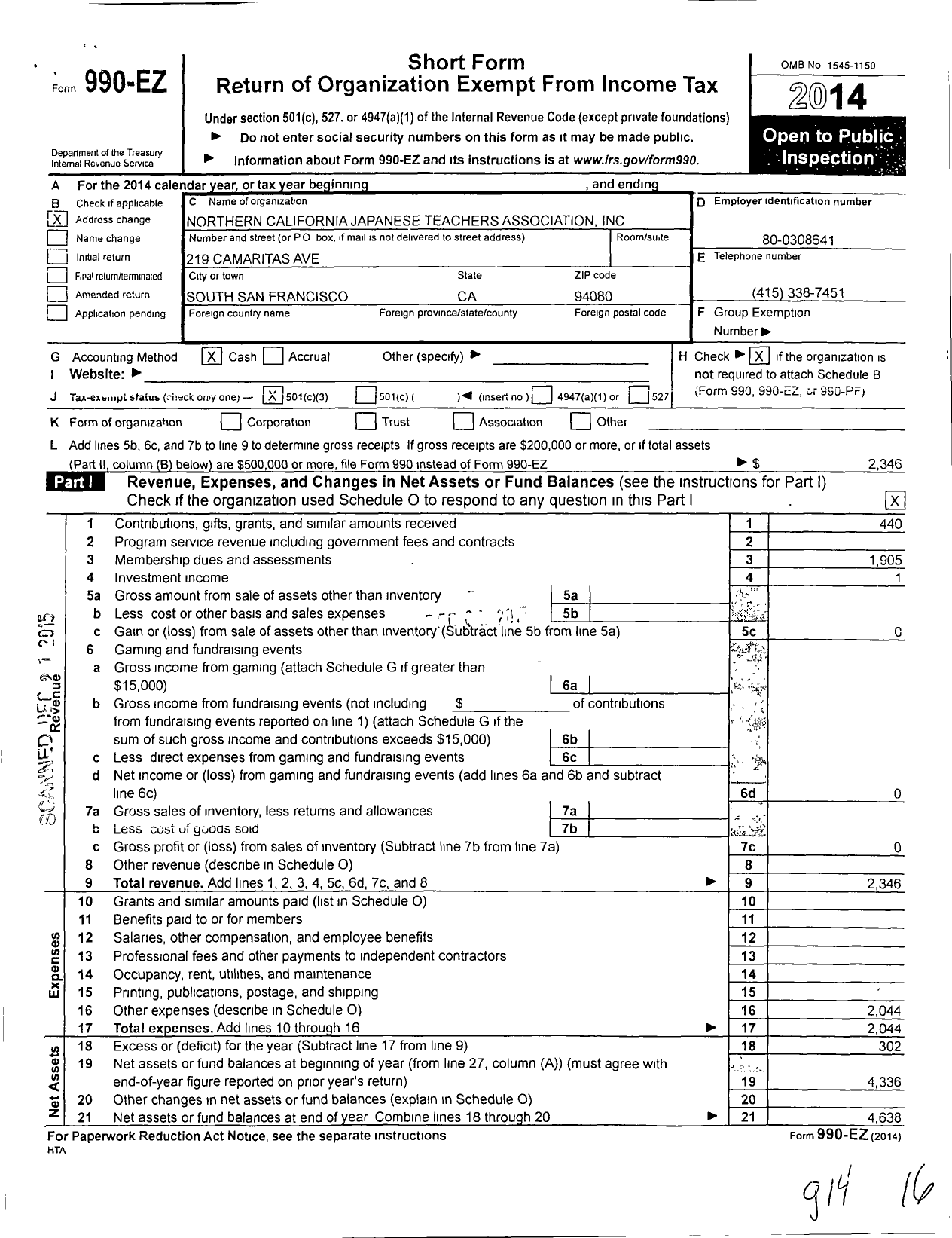 Image of first page of 2014 Form 990EZ for Northern California Japanese Teachers Association