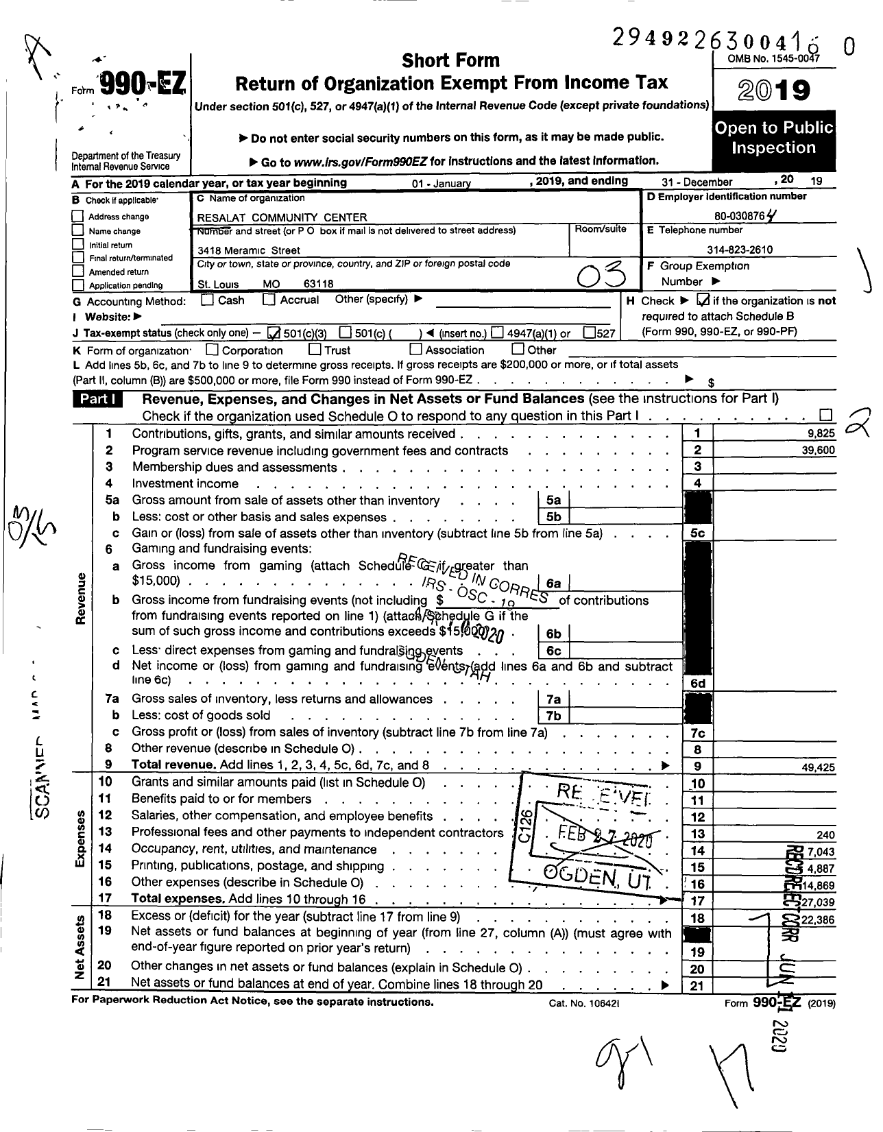 Image of first page of 2019 Form 990EZ for Resalat Community Center