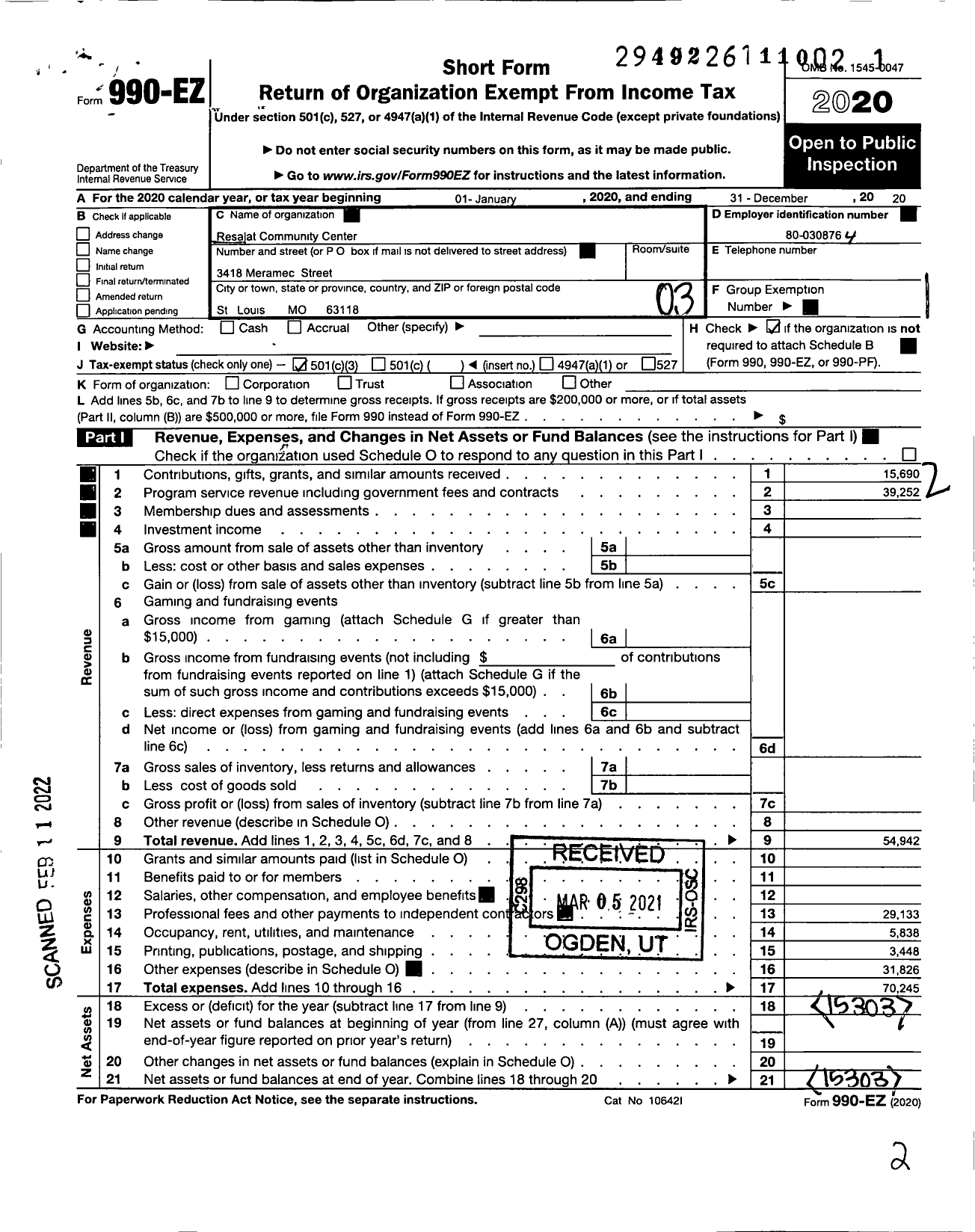 Image of first page of 2020 Form 990EZ for Resalat Community Center