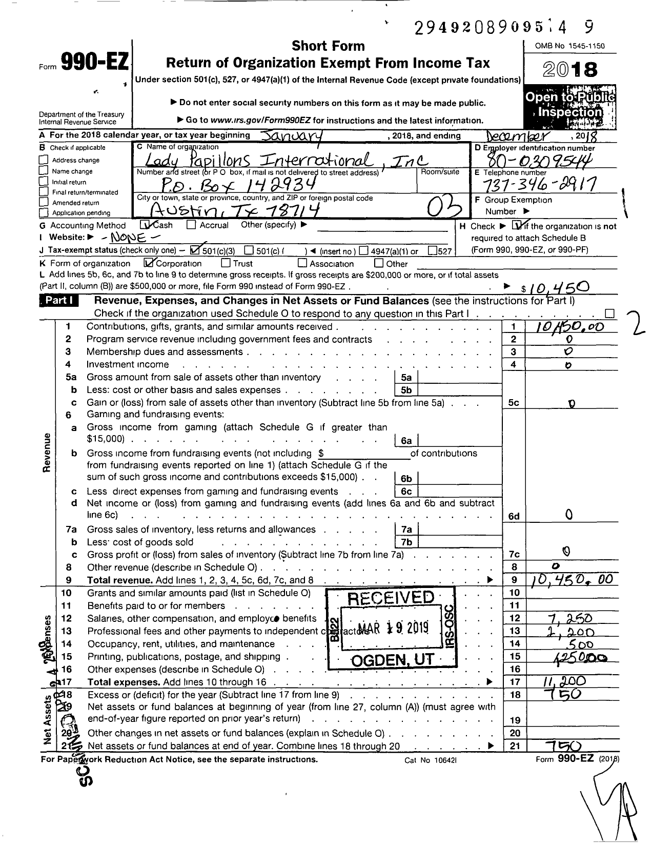 Image of first page of 2018 Form 990EZ for Lady Papillons International