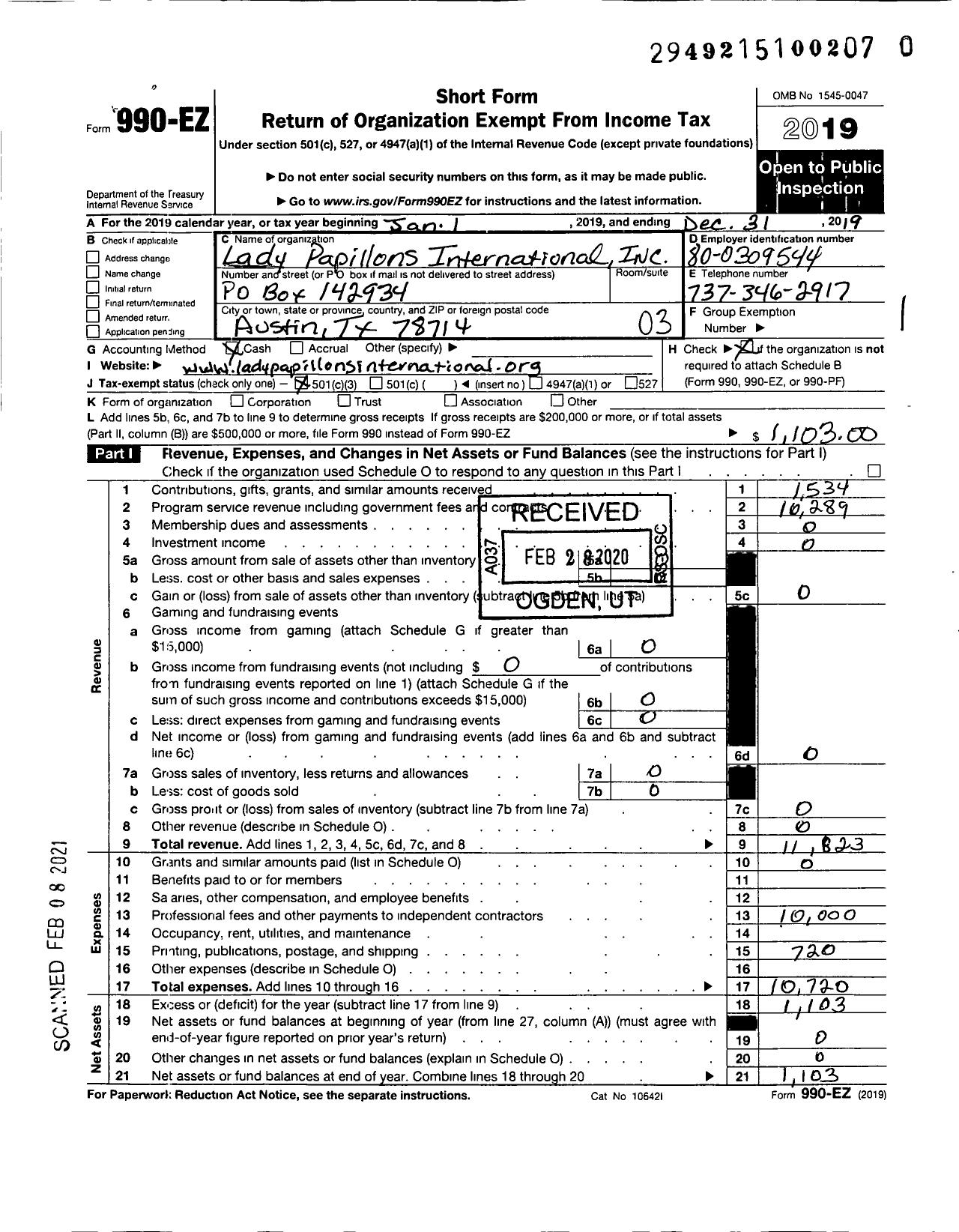 Image of first page of 2019 Form 990EZ for Lady Papillons International